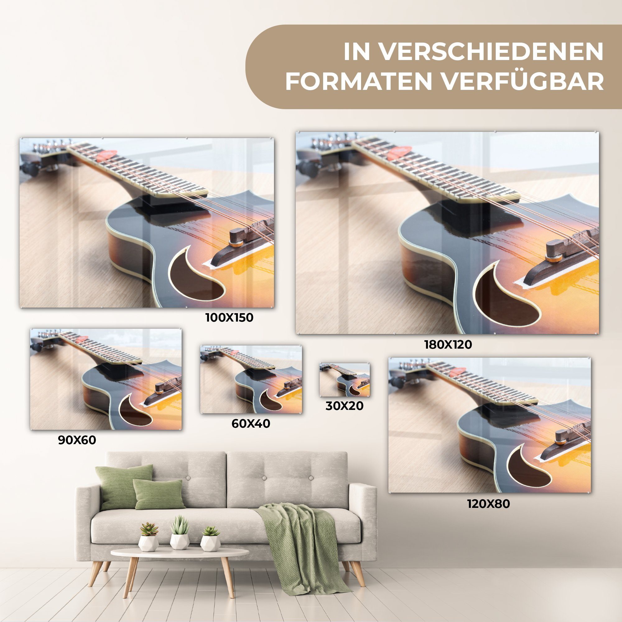 MuchoWow Acrylglasbild Eine E-Gitarre auf Schlafzimmer (1 & einem St), Holzboden, Acrylglasbilder Wohnzimmer