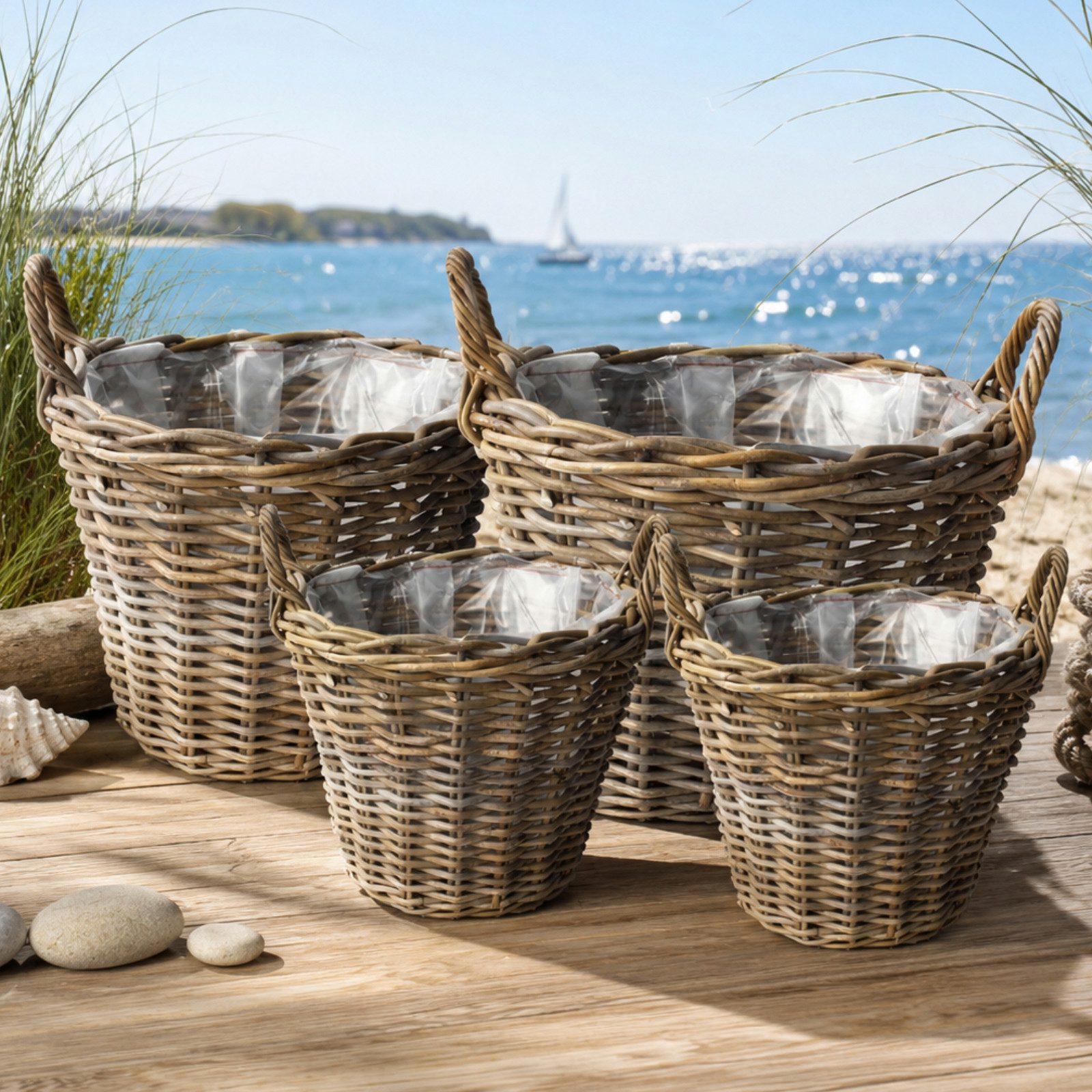 Van der Leeden Blumentopf Weidenkörbe Rattan Natur 4 Tlg. Set (Set, 4 St., Packung), Rattankorb, Indoor & Outdoor, 4 Größen, mit Innenfolie, Handarbeit
