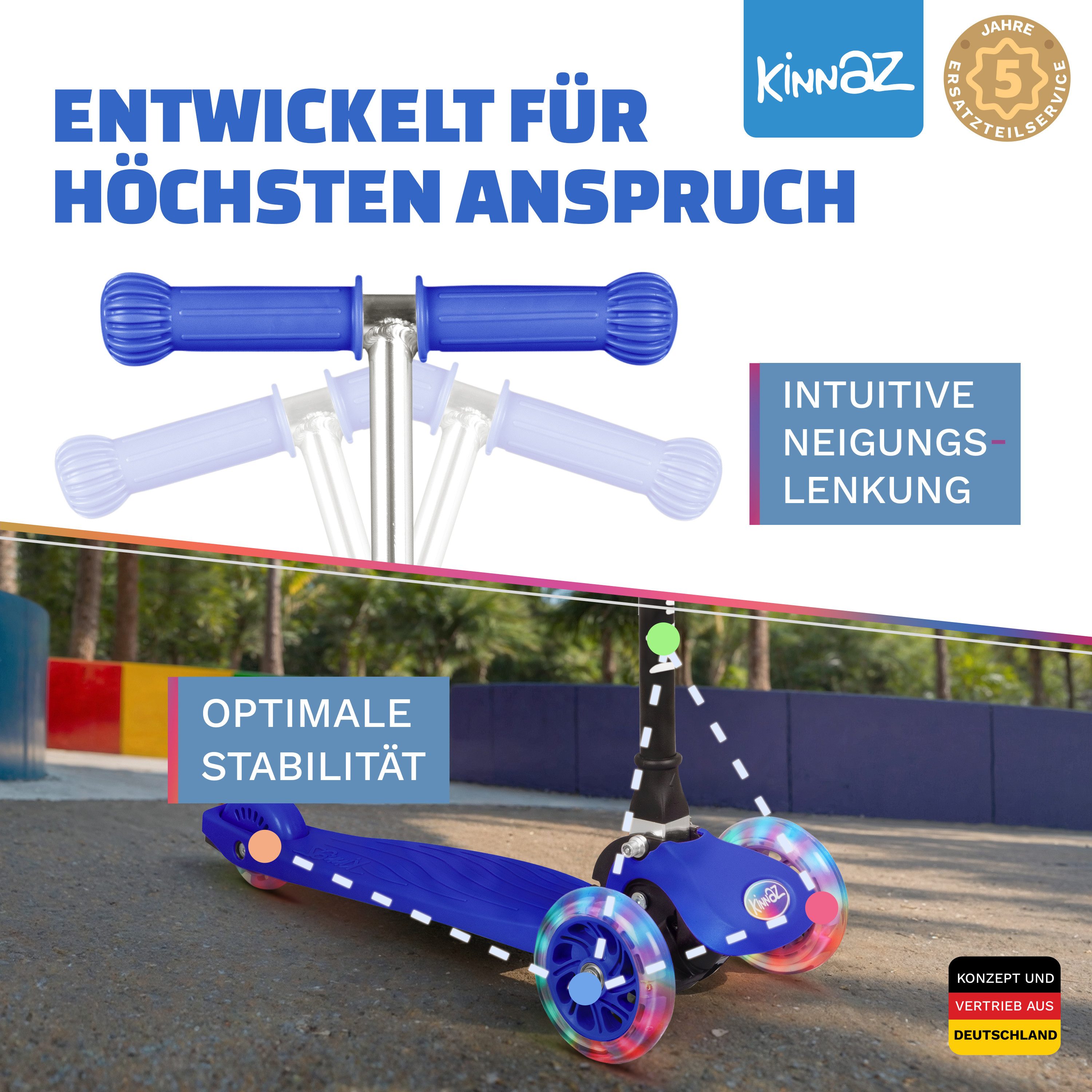 KINNAZ Dreiradscooter Roller Kinder ab 3 Jahre Kinderoller Scooter LED faltbar einstellbar, (Kinderroller, kinnaz ONE), Händler aus Hamburg