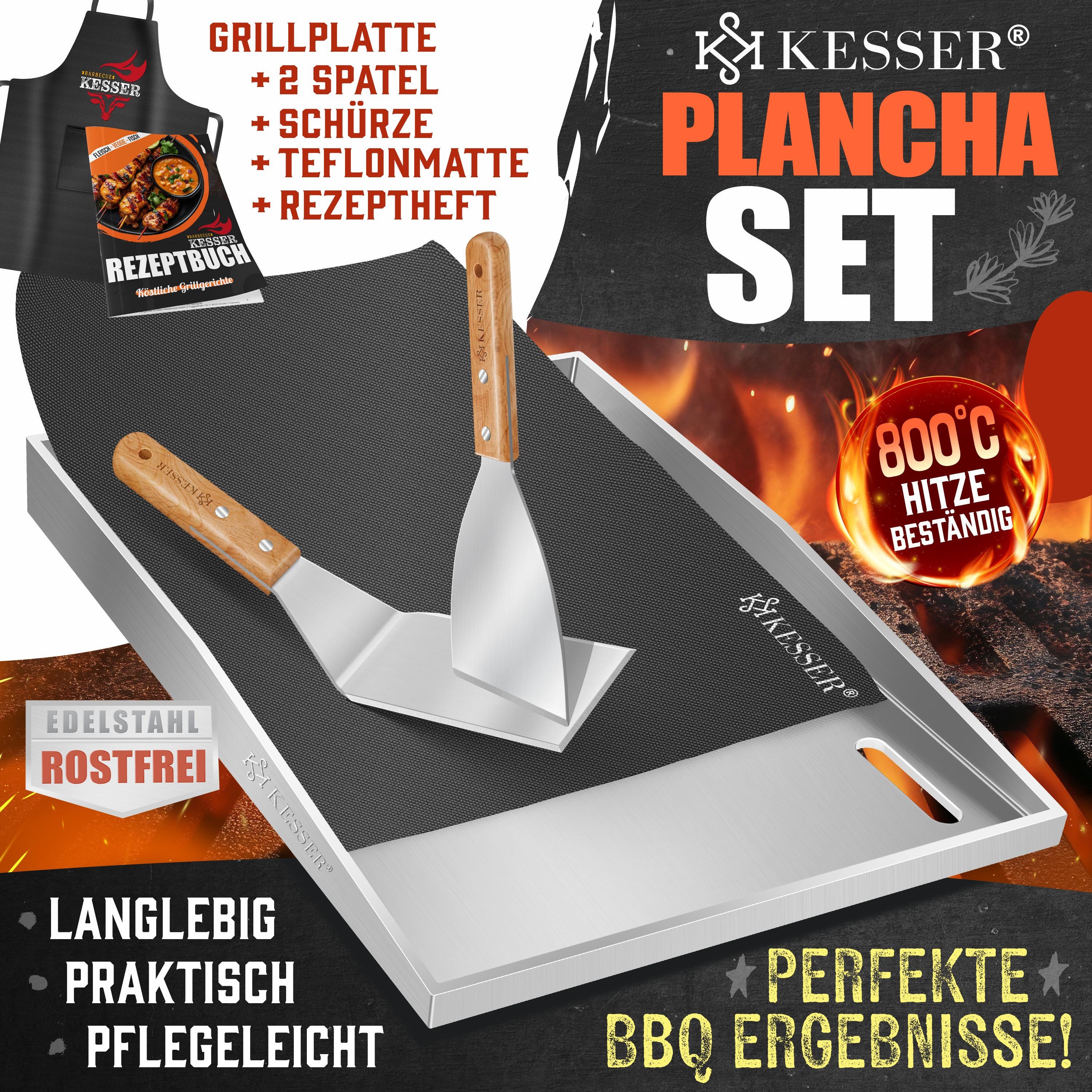 KESSER Grillplatte Plancha aus Edelstahl hitzebeständig bis 800°C (inklusive 2 Spatel, Grillschürze, Grillmatte & Rezeptbuch), Grill Platte für Gas- & Holzkohlegrill mit Fettablauf & Anti-Stick