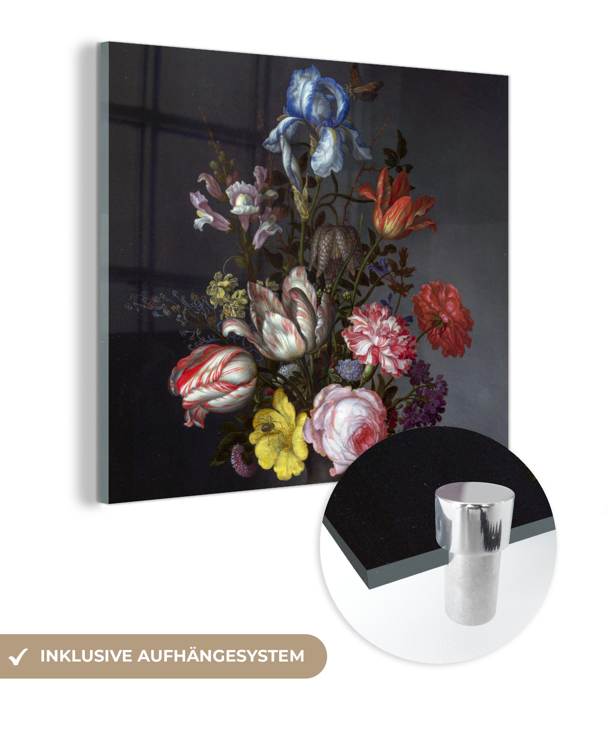 Glas - Bilder - - St), Acrylglasbild Glas der auf auf Vase Muscheln Ast, Glasbilder mit in - und MuchoWow Foto van einer Wandbild Balthasar bunt Wanddekoration (1 Blumen Insekten