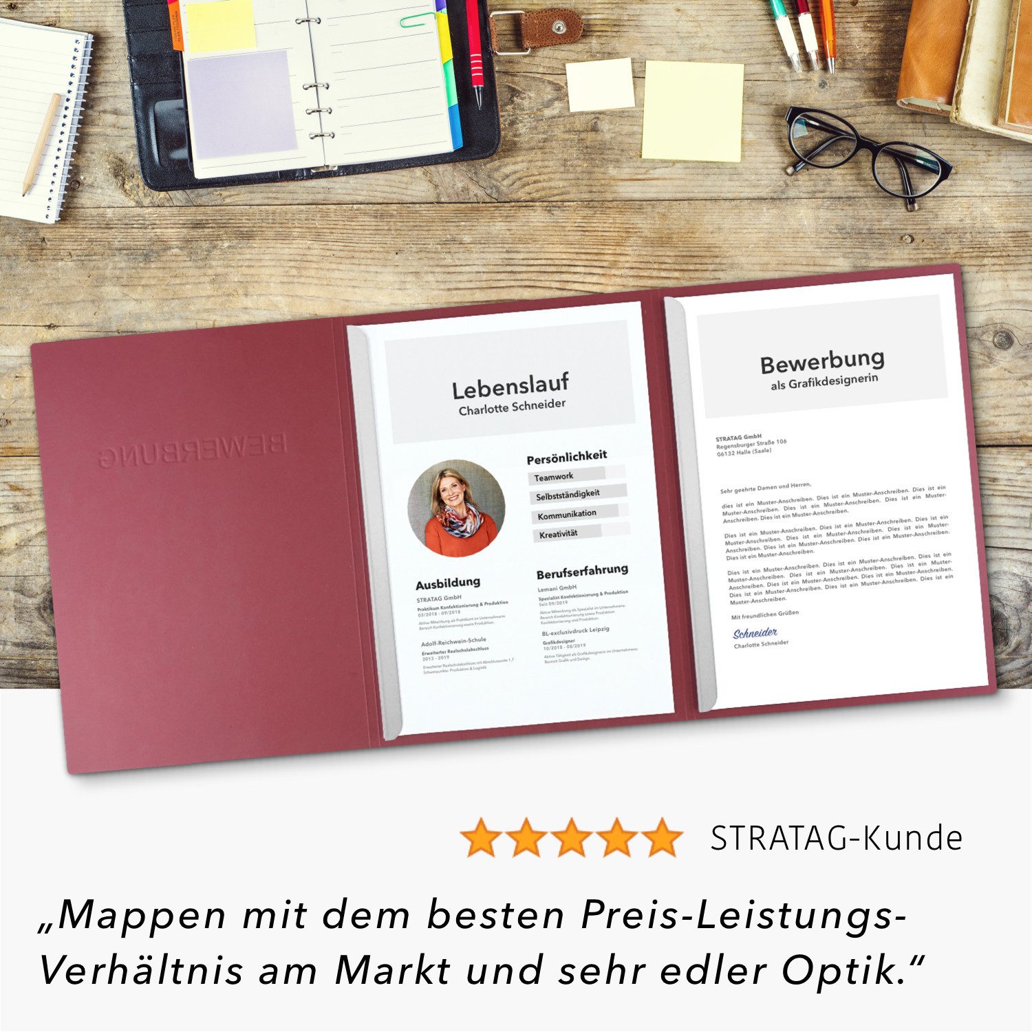 STRATAG Bewerbungsmappe in feinster Lederstruktur - 3 Stück 3-teilig mit 2 Klemmschienen (Set, 3-St., mit hochwertiger Relief-Prägung BEWERBUNG), direkt vom Her – Bild 5 von 5