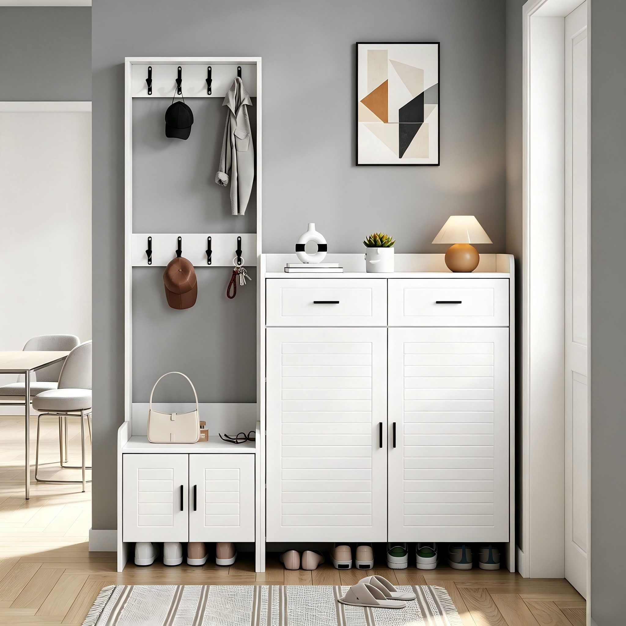 HAUSS SPOLE Garderoben-Set mit Schubladen,Garderoben- und Schuhschrank-Set mit Ablagen & Haken, (Dielenschrank Garderobenständer mit MDF-Platten und Spanplattenkorpus), Flurgarderobe Mehrzweckschrank mit 8 Garderobenhaken