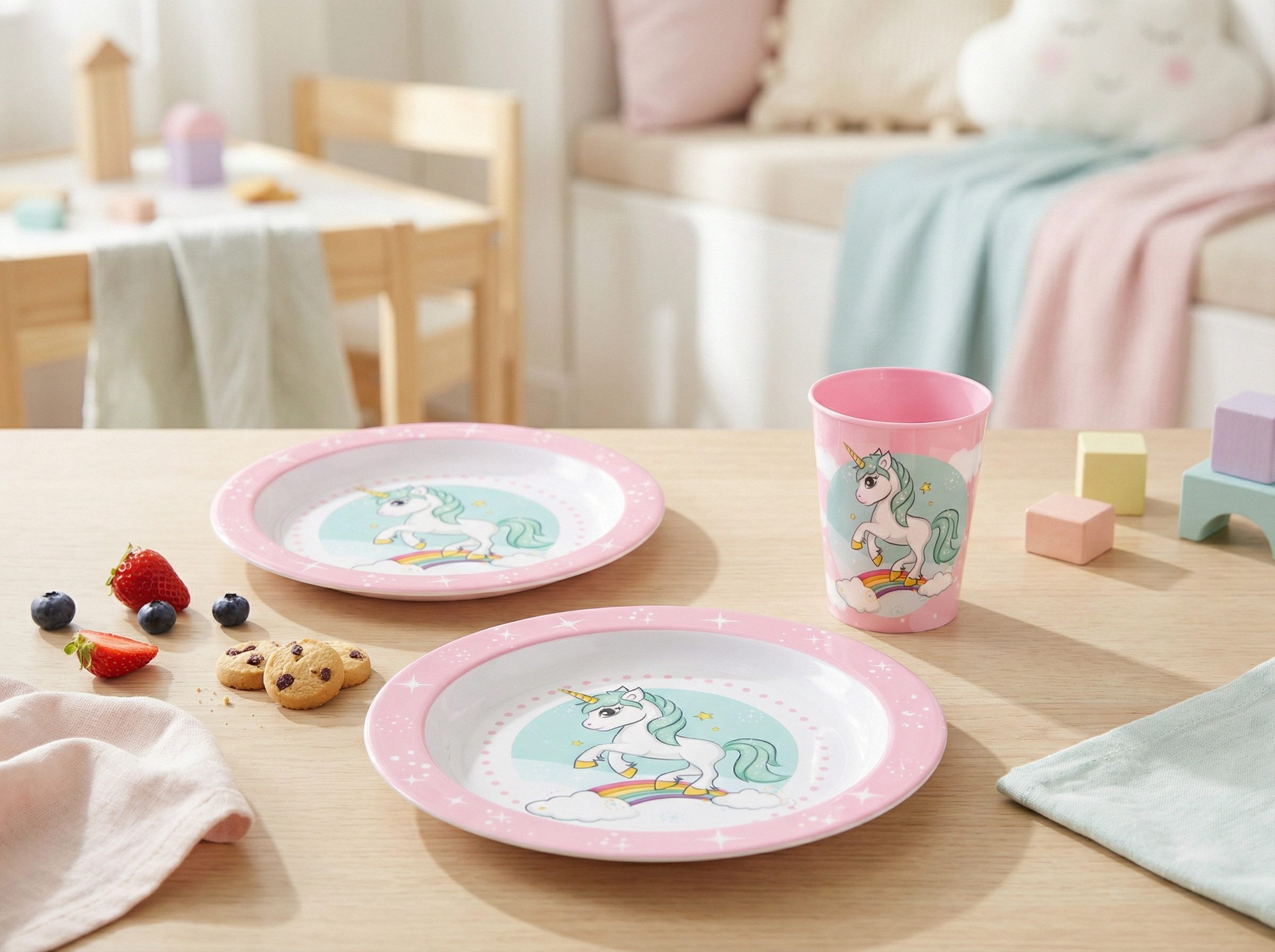 Stor Kindergeschirr-Set Kleines Einhorn Kinder Geschirr-Set 3 tlg Becher Teller Schüssel (3-tlg), 1 Personen, BPA-Frei