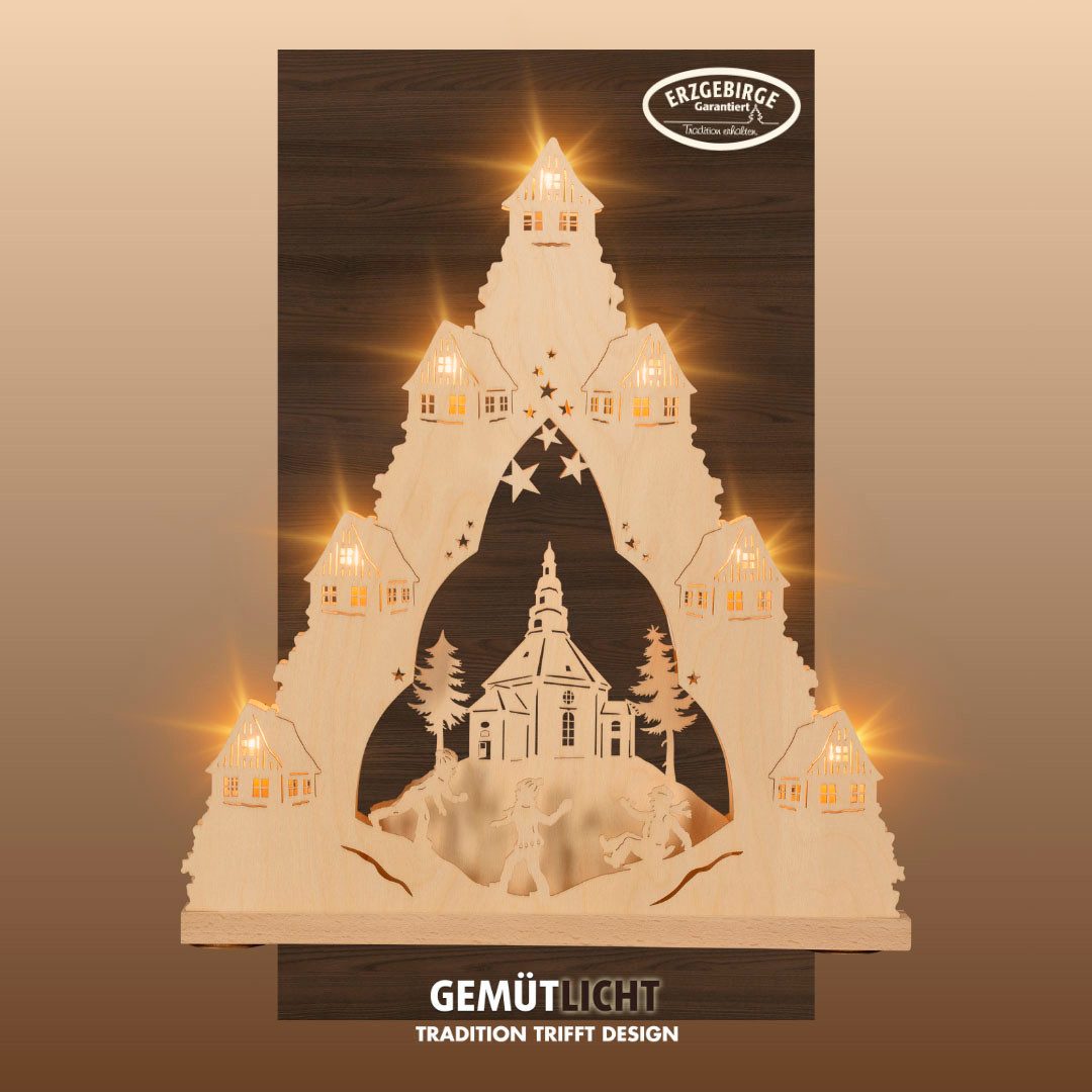 Weigla LED Schwibbogen Seiffener Kirche, Lichterspitze aus Holz, NATUR, Made in Germany (1-tlg), Erzgebirge garantiert, Weihnachtsdeko Innen, Weihnachtsbeleuchtung