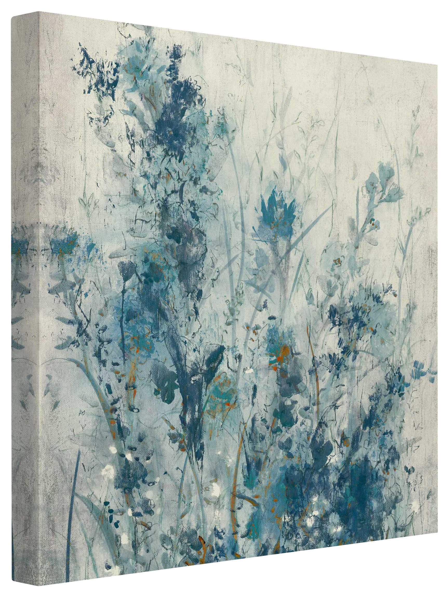 Bilderdepot24 Leinwandbild Blumen Modern Blaue Frühlingswiese grün Bild auf Leinwand Groß XXL, Wohnzimmer Schlafzimmer Küche Flur Wandbild Kunstdruck Wanddeko Druck