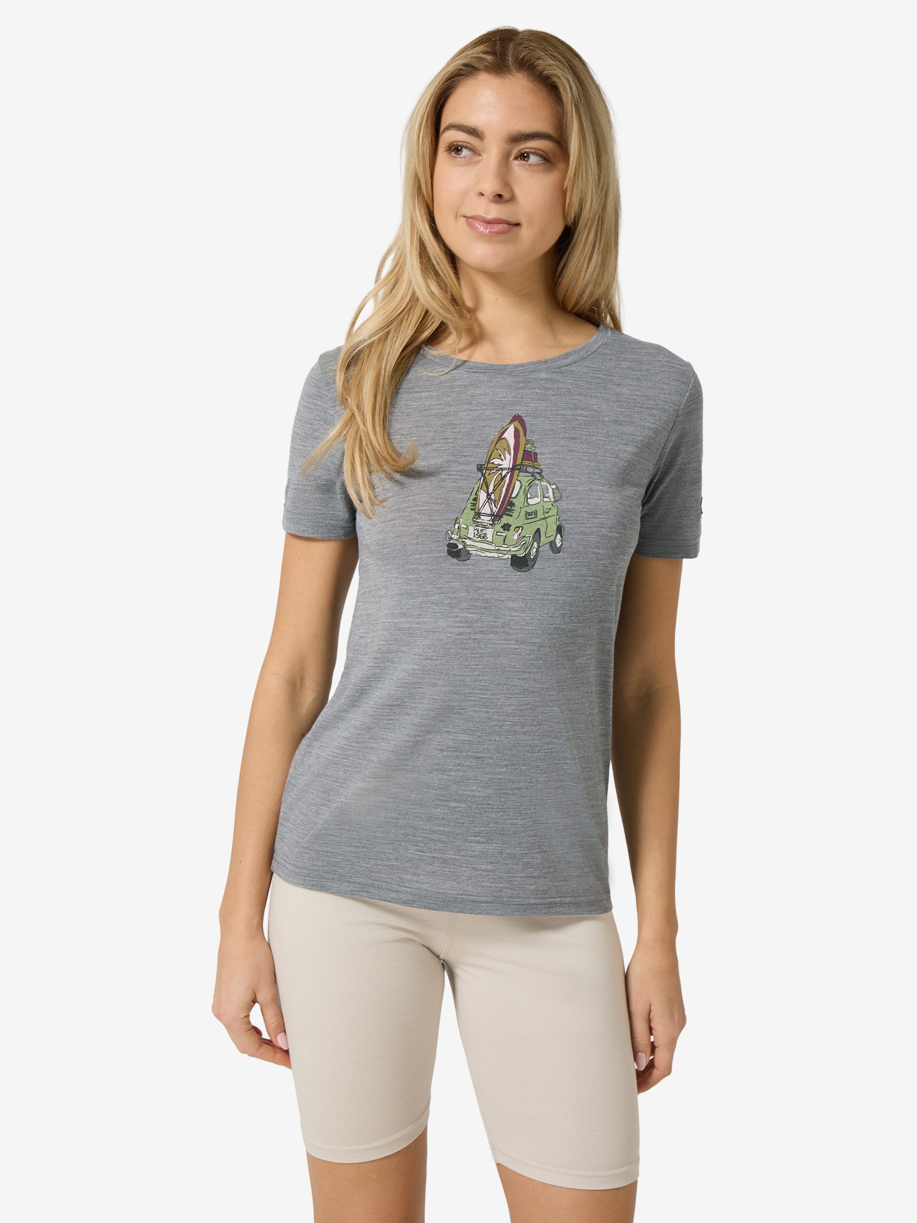 SUPER.NATURAL T-Shirt für Damen,Merino W SURFCAR TEE mit Sommer-Motiv, atmungsaktiv