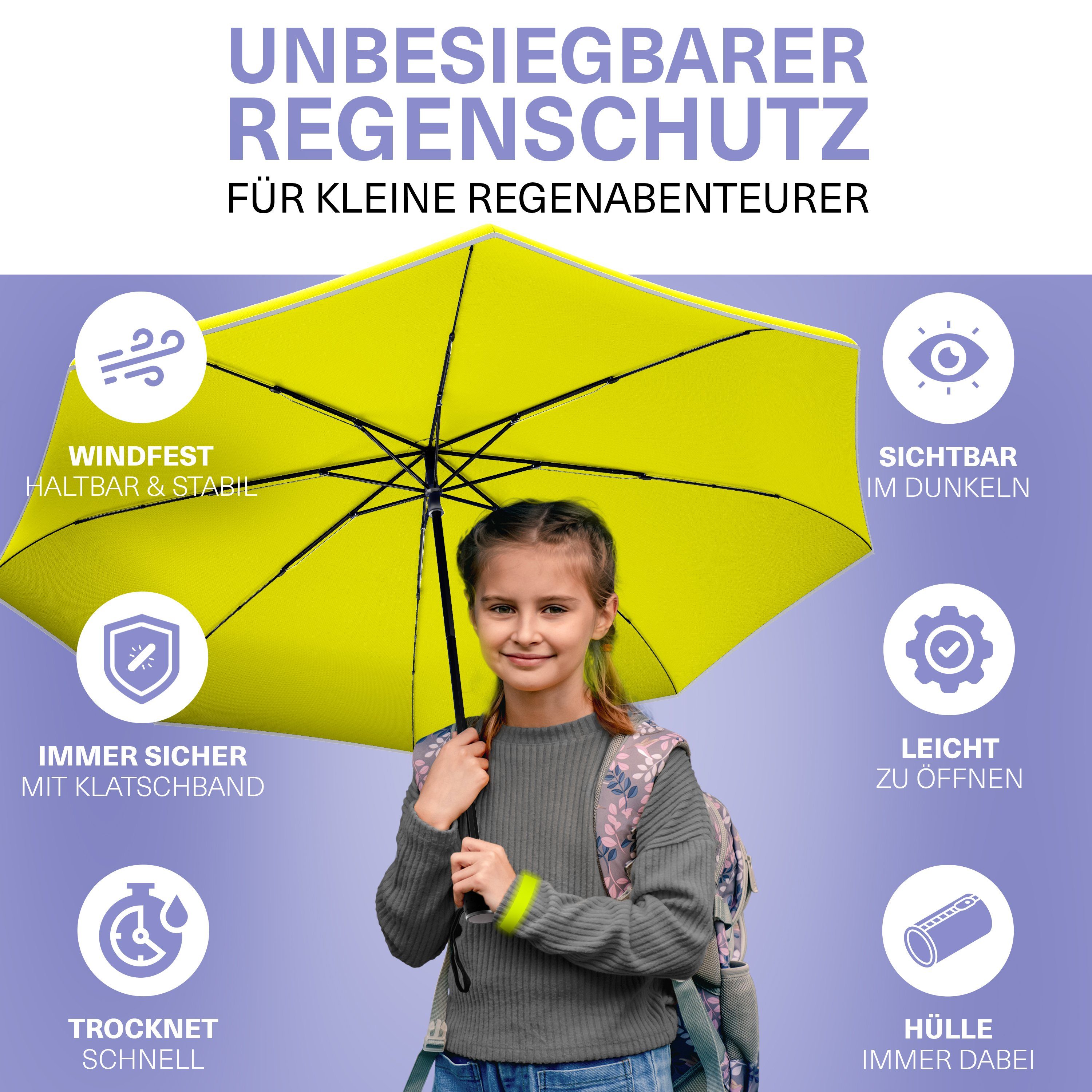 Styngard Taschenregenschirm Stockholm, Kinderregenschirm mit Reflektoren und Klatschband