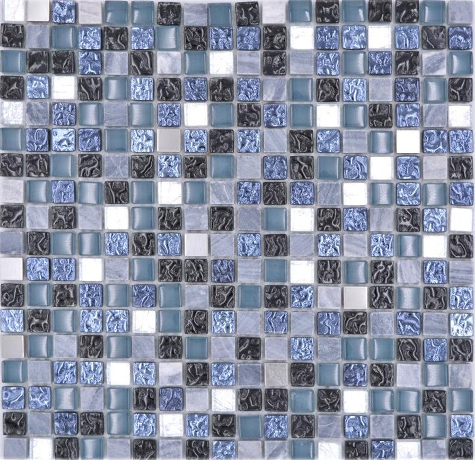 Mosani Mosaikfliesen Glasmosaik Naturstein Edelstahl Mosaik blaugrau glänzend / 10 Matten
