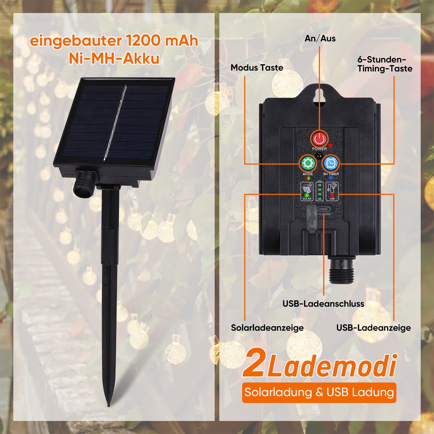 Lademodi und Solarlampe Solar Lichterkette Leuchtmodi, Warmweiß, Salcar 15m fest Timer- integriert, Außen USB Speicherfunktion LED 3 8 LED Solarleuchte 2 Helligkeitsstufen, & Timer, Kugeln,