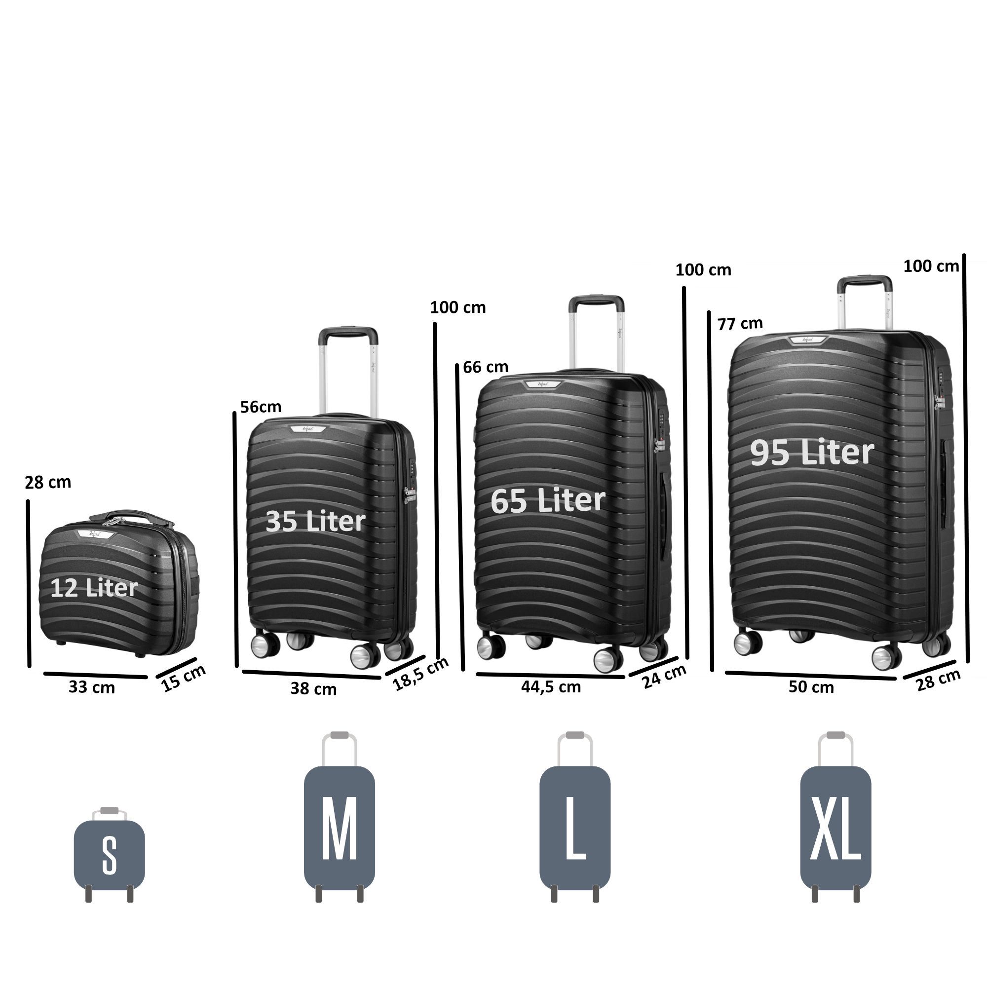 Zelsius Kofferset 4 Stück, Schwarz, Hartschalenkoffer mit TSA Zahlenschloss, Trennwand, 4 Rollen, (Set, 1 tlg., 4 teiliges Kofferset), 3-Ziffern-TSA-Kombinationsschloss
