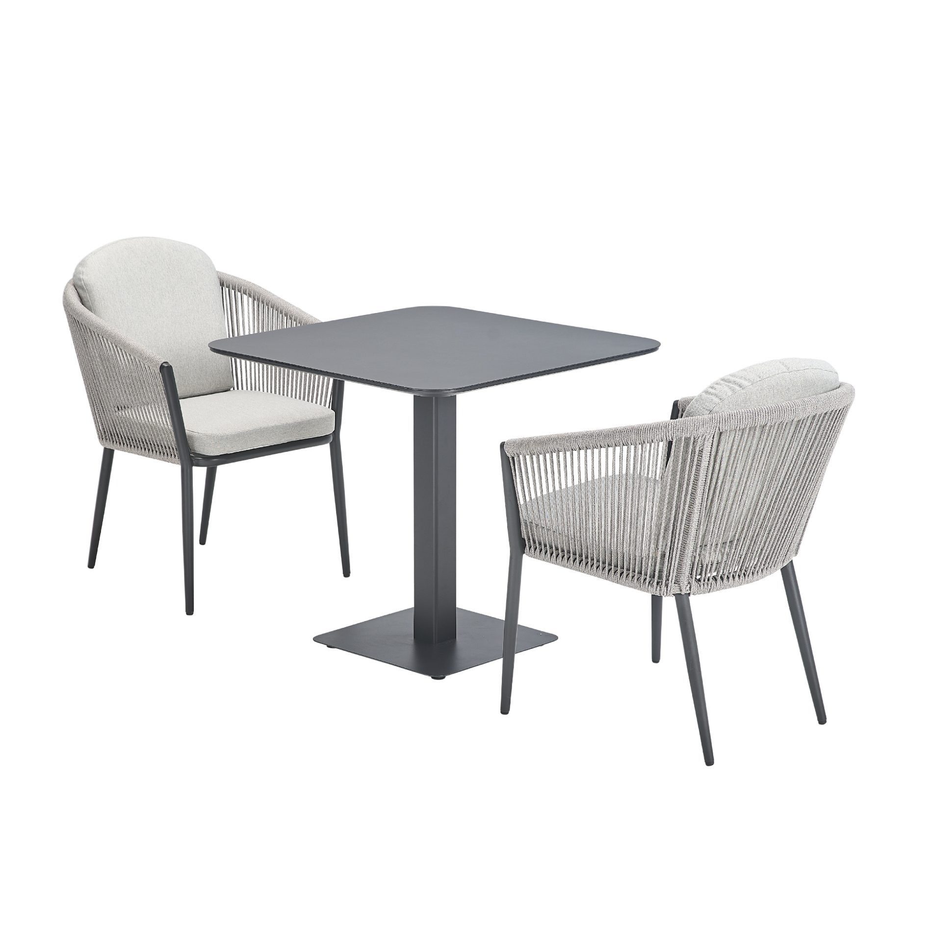 Liadomo Garten-Essgruppe Latina/Torano, Gartentisch plus 2 Stapelstühle, Balkon-Set, (Spar-Set, 3-tlg), Aluminium-Klapptisch 80x80 cm, Rope-Bespannung, inkl. Kissen