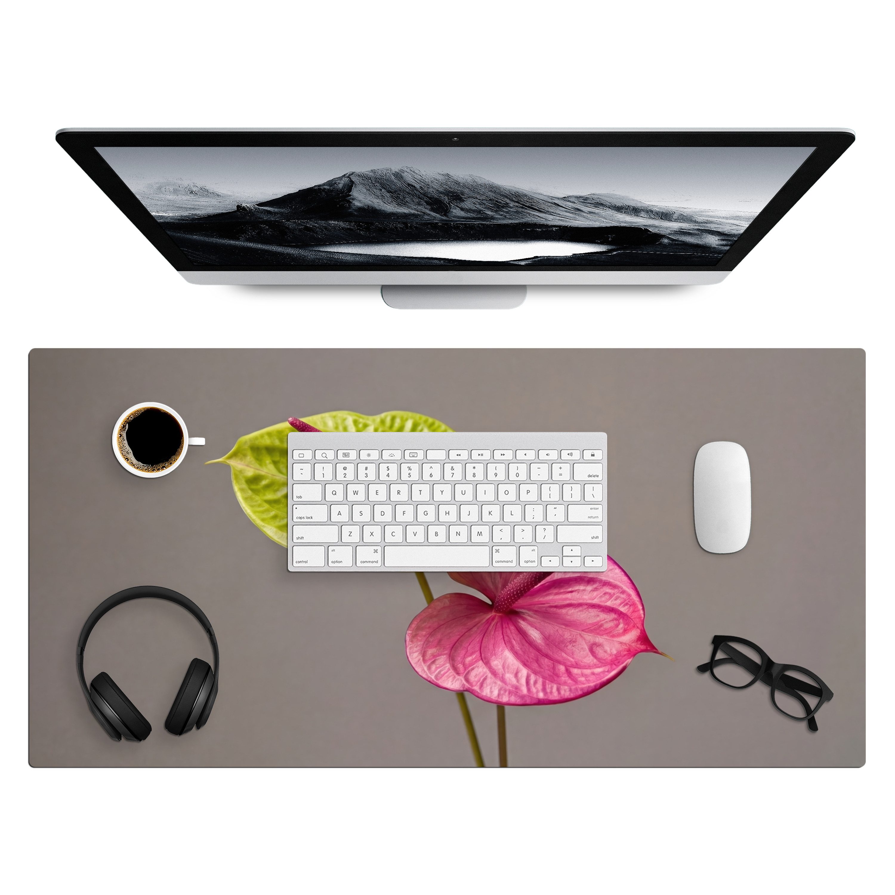 MuchoWow Gaming Mauspad Pflanzen - Anthurium - Grün - Rosa (1-St), Gaming Mauspad XXL, Schreibtischunterlage, Desk Mat Groß, 80x40 cm