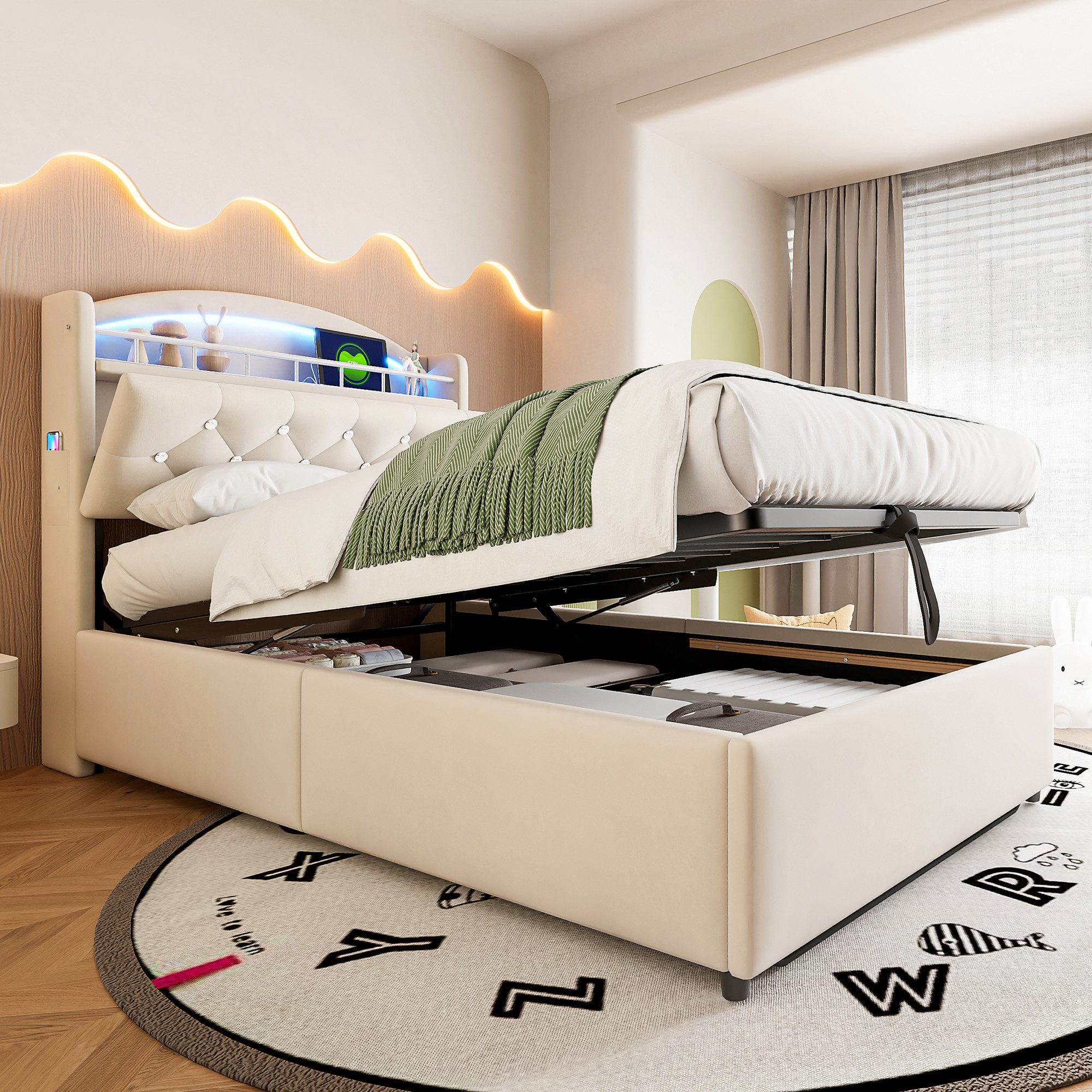 Flieks Polsterbett, Hydraulisches Kinderbett 90x200cm mit LED, Stauraum und günstig online kaufen