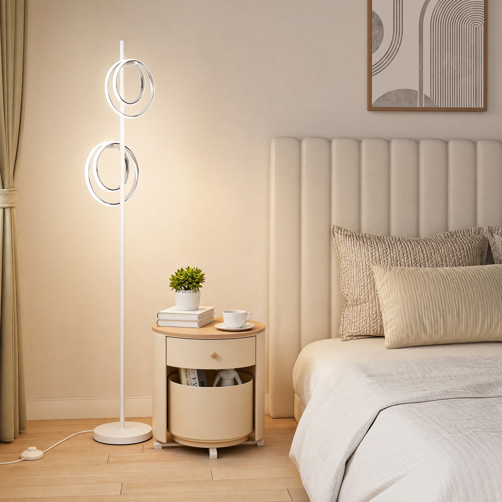 BlingBin Stehlampe LED Doppelring Standleuchte 21W, 4500K, LED Lampe 2500lm, LED fest integriert, Naturweiß, Wohnzimmerlampe mit Schalter für Schlafzimmer, Büro, Küche& Flur