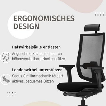 sedus Drehstuhl se:do Pro Light, Drehstuhl, Bürostuhl, Netzmembran Schwarz (Schiebesitz, Rückenlehne verstellbar, Höhenverstellbar 40-52cm, bis 130kg Belastbar, 23° Öffnungswinkel), Optional mit Armlehnen, Nackenstütze und, Lordosenstütze