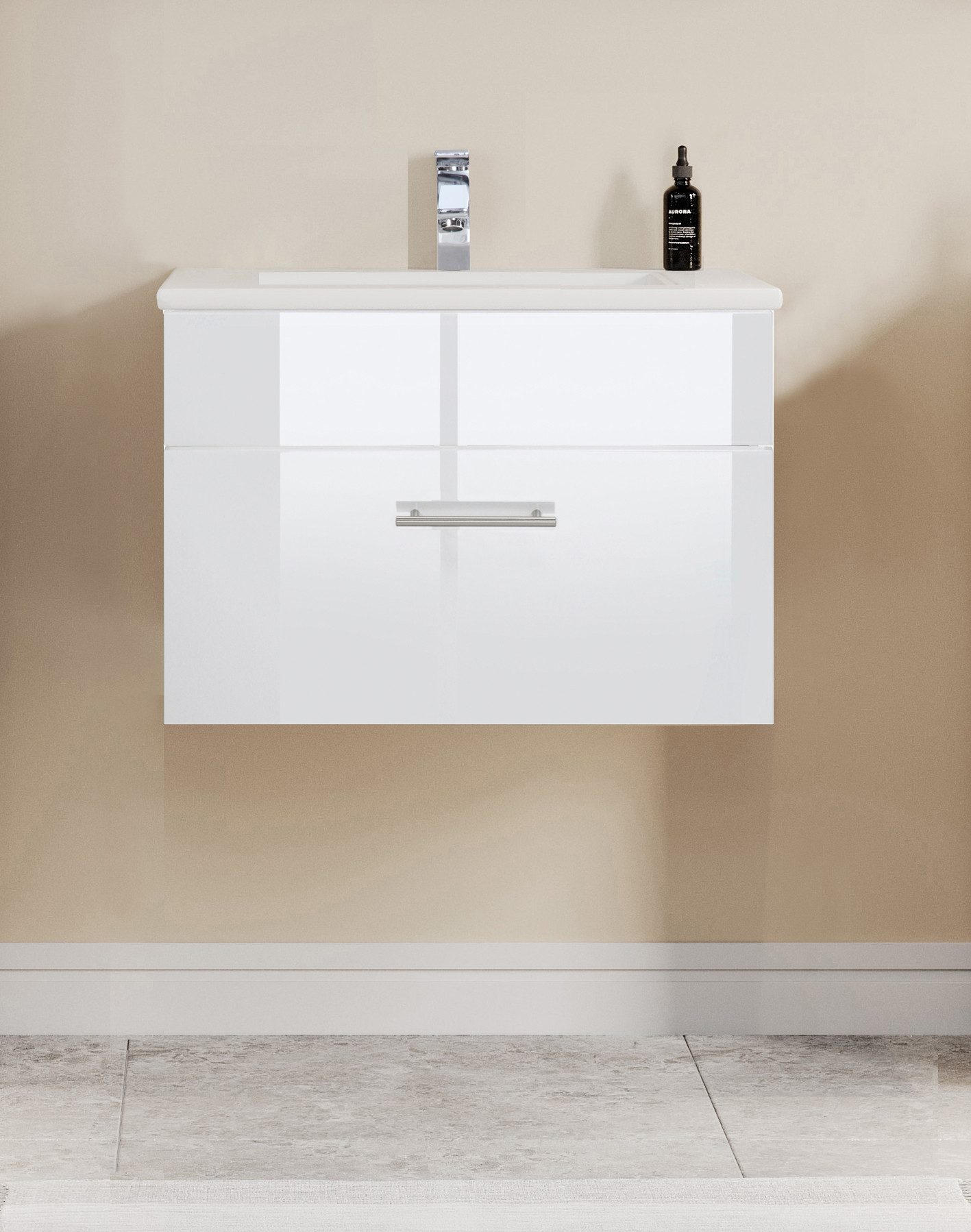 welltime Waschtisch Trento Light mit Keramik-Auflagebecken, 1 feste Blende und 1 Auszug, Breite: 61cm, Weiß Hochglanz – Bild 2 von 5