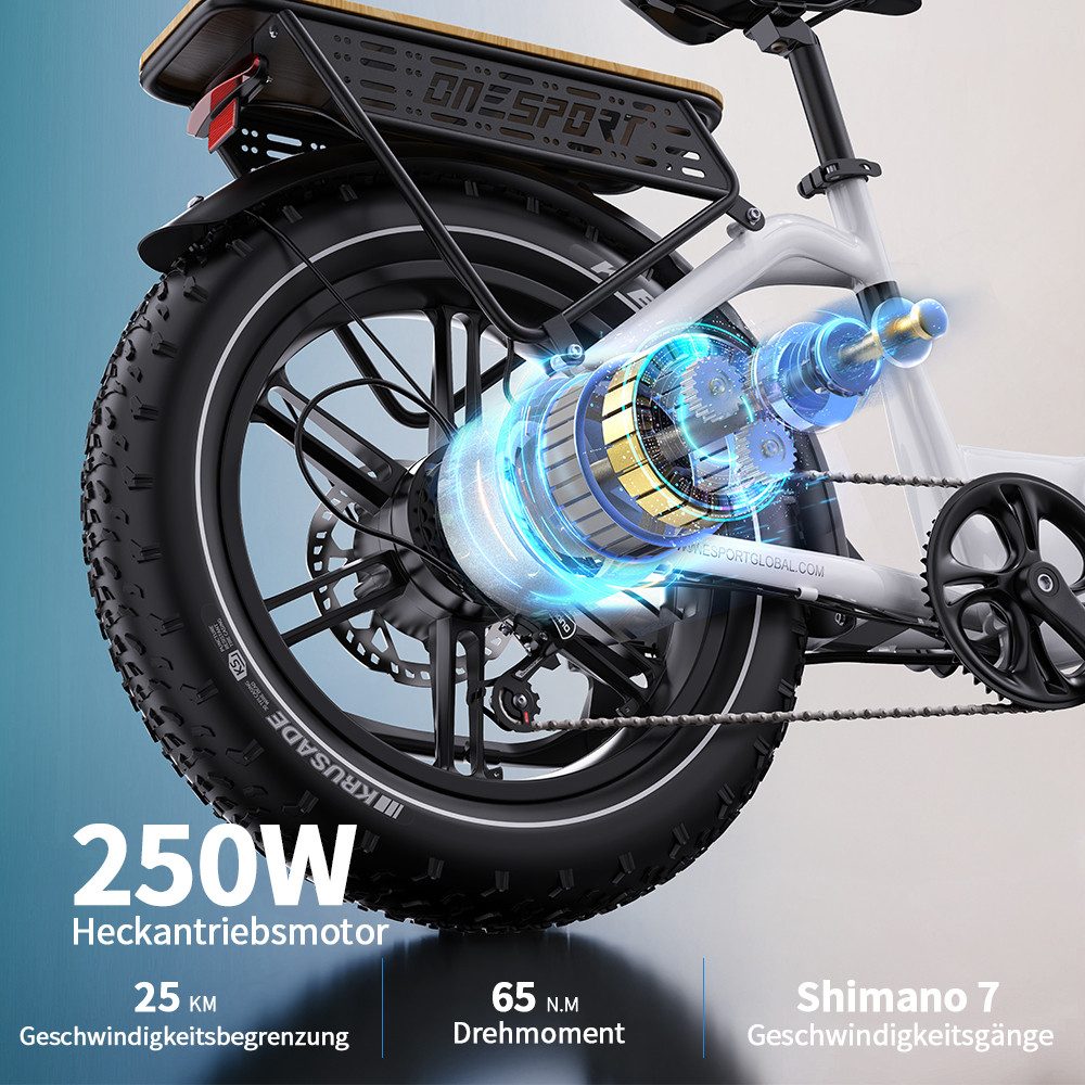 Onesport E-Bike Cityrad OT08 herren Elektrofahrrad 20× 4.0 Zoll 18AH 48V 864WH damen, 7 Gang Shimano, Kettenschaltung (Shimano 7-Gang), Heckmotor, 864 Wh, Cityrad 7 Gang Shimano, hydraulischen Scheibenbremse, Kettenschaltung