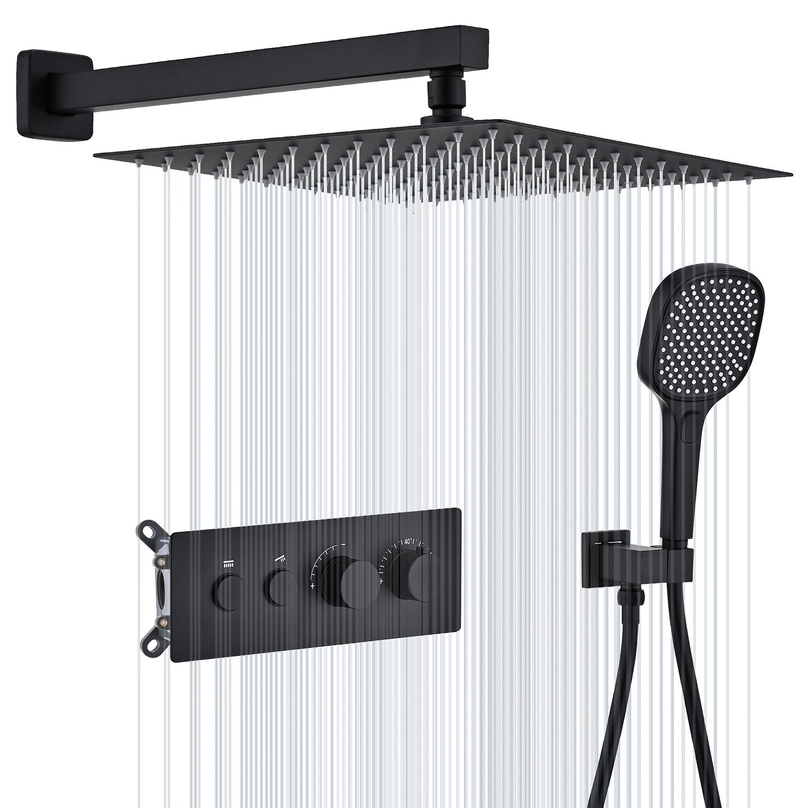 HOMELODY Duschsystem Unterputz Duschsystem Thermostat 2 Funktionen Regendusche Set Schwarz, 2 Strahlart(en), Set, 12 Zoll Regendusche Edelstahl, Thermostat, Handbrause 3 Strahlarten