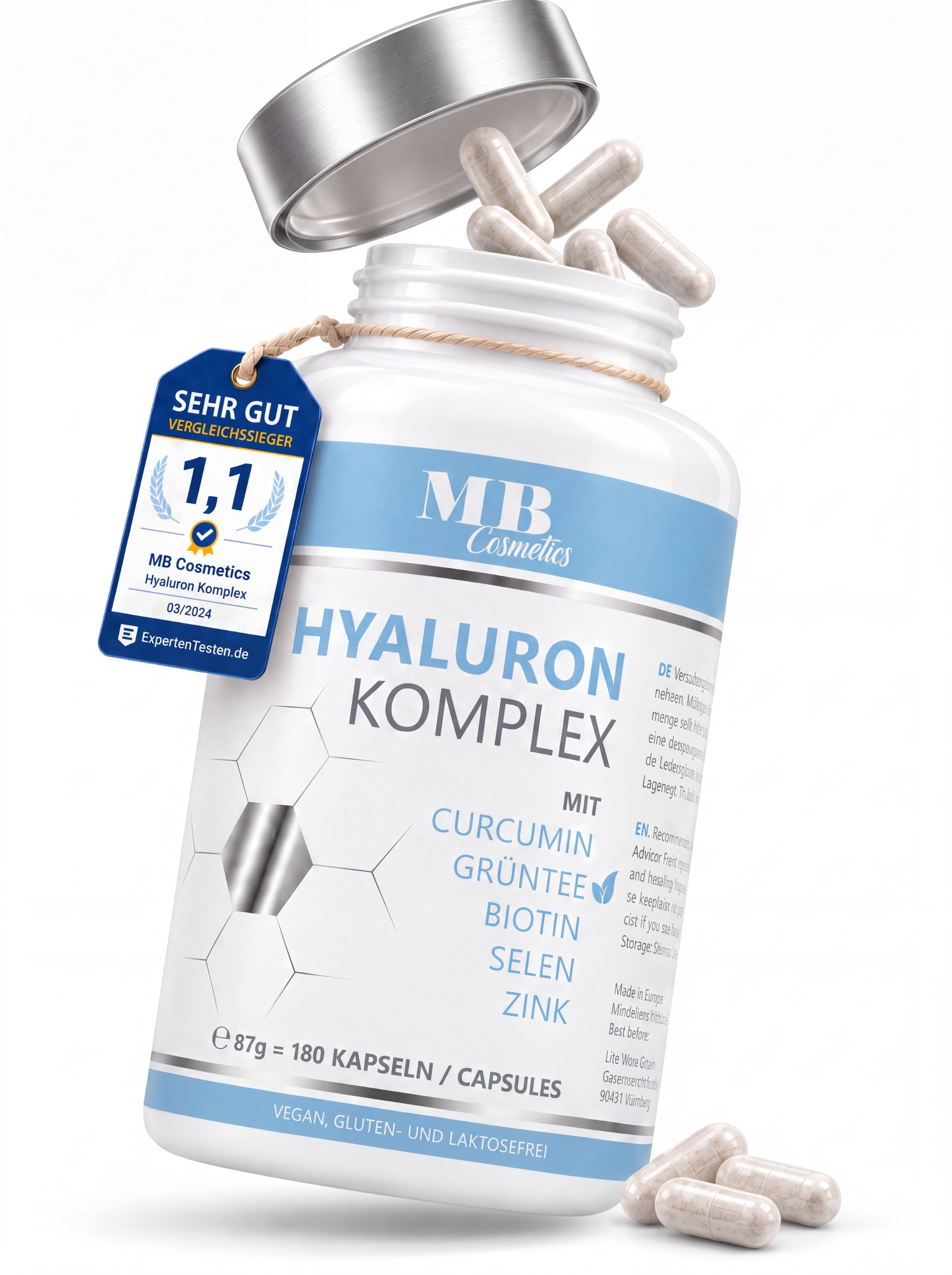 Medical Beauty Cosmetics Hyaluron Komplex 600mg mit Grüntee, Biotin, Selen, Curcumin 180 Kapseln, 1 er Packung à 79 g, Vegan, hochdosiert & laborgeprüft, 3-Monats-Vorrat