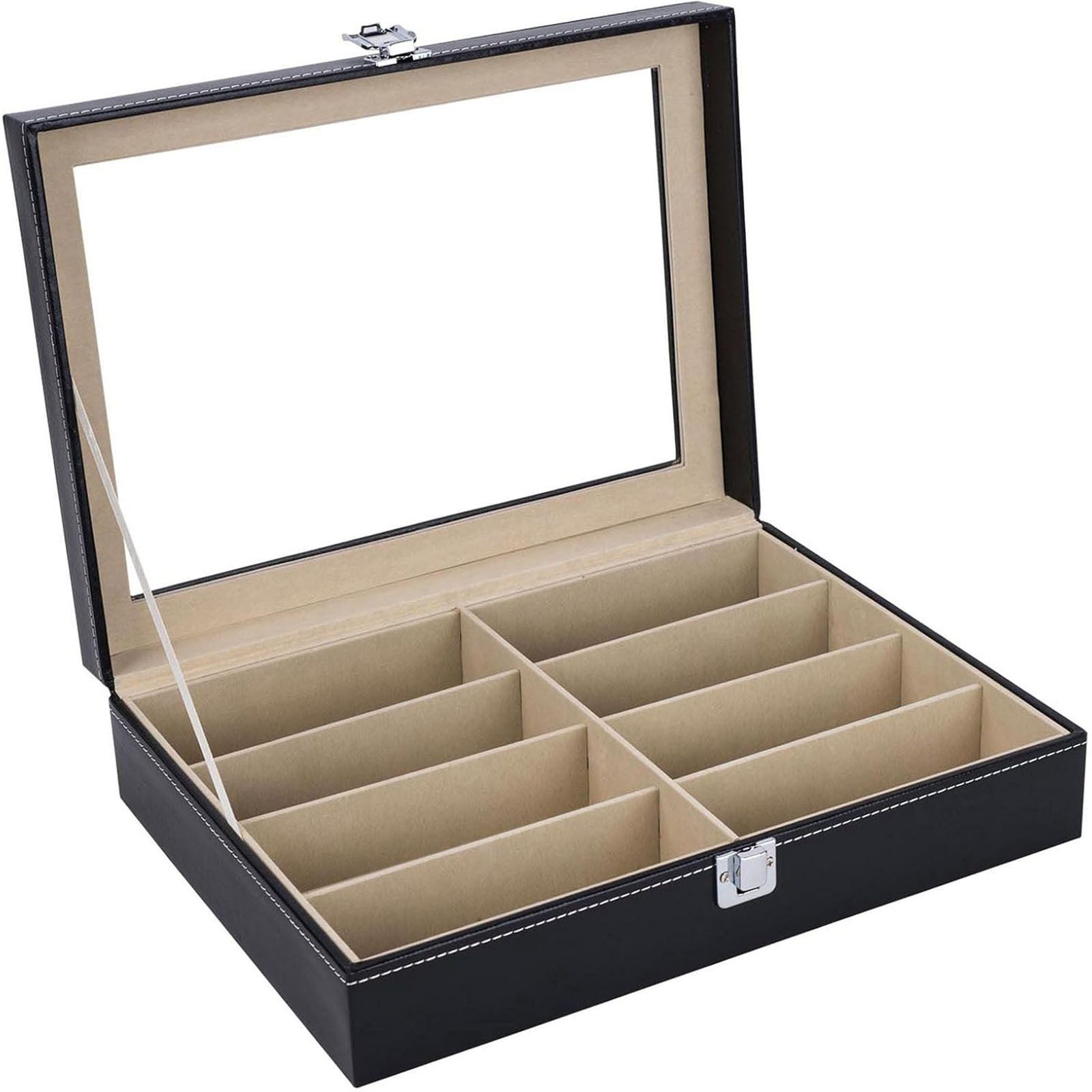 OKWISH Brillenetui Brillenbox Brillenkoffer Brillenorganizer für 8 Brillen Aufbewahrung, Kunstleder 33.5x24.5x8.5 cm für Sonnenbrillen Präsentation Showcase