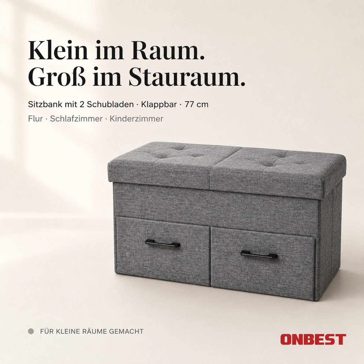 Onbest Sitzbank mit Stauraum gepolstert faltbar, Sitzhocker, Sitztruhe Fußbank, 2 Schubladen, bis 110 kg, klappbarer Deckel, Leinenoptik
