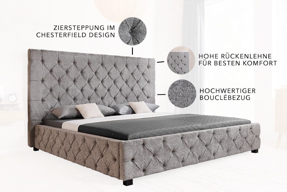 riess-ambiente Bett PARIS 180x200 cm grau · Boucléstoff · Chesterfield Ziersteppung (Einzelartikel, 1-tlg), pompöses Doppelbett · hohe Rückenlehne · luxuriöse Z – Bild 4 von 5