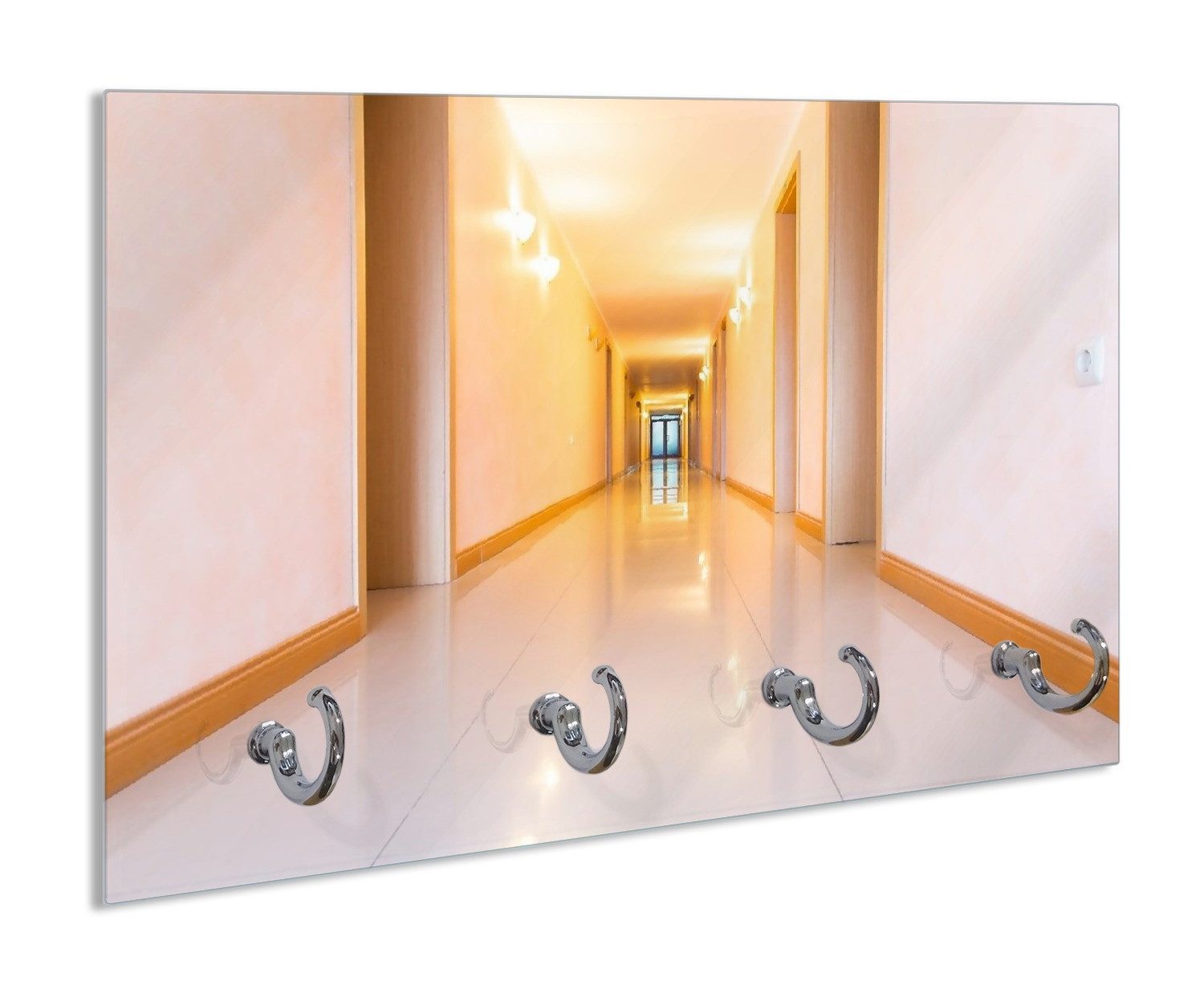 Wallario Полотенцесушители Strahlend sauberer Flur mit goldenem Licht und weißen Wänden, aus Glas mit 4 Metallhaken