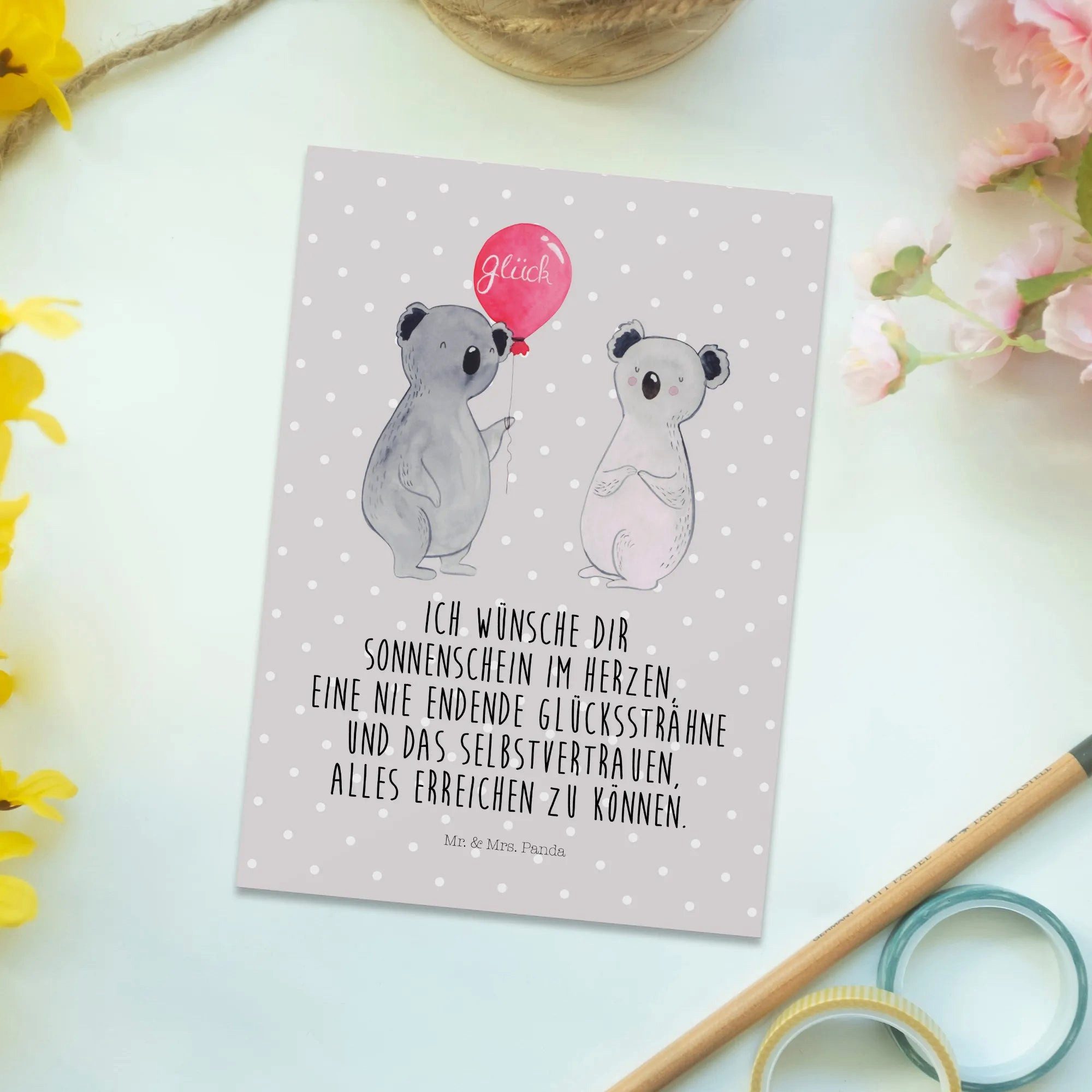 Thumbnail - Mr. & Mrs. Panda Postkarte Koala Luftballon - Grau Pastell - Geschenk, Party, Postkarte, Dankesk, Charmante Designs
