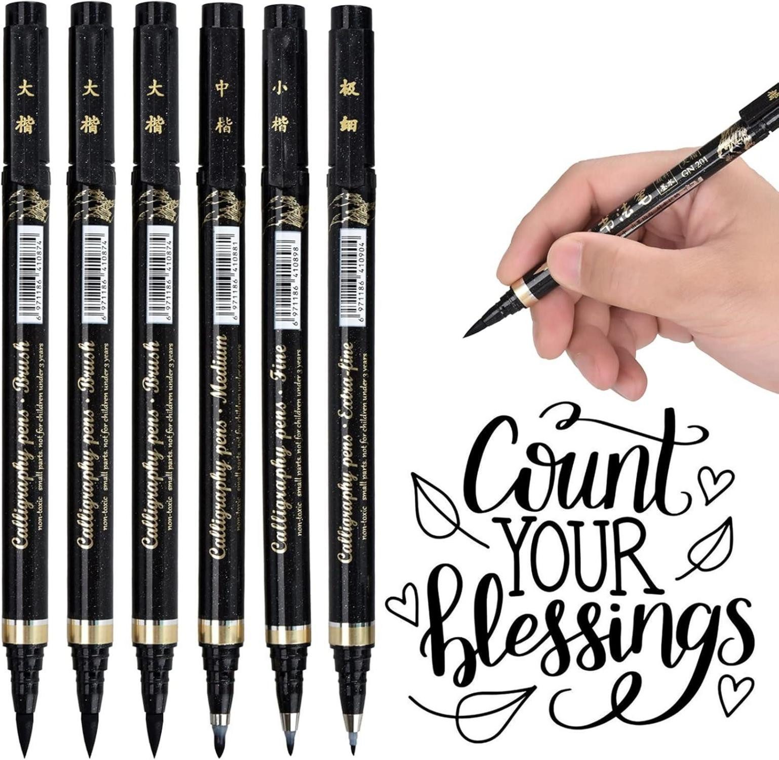Kalligraphie-Stift 6 Kalligraphiestifte Schwarz Pinsel Fein Superfein Handlettering