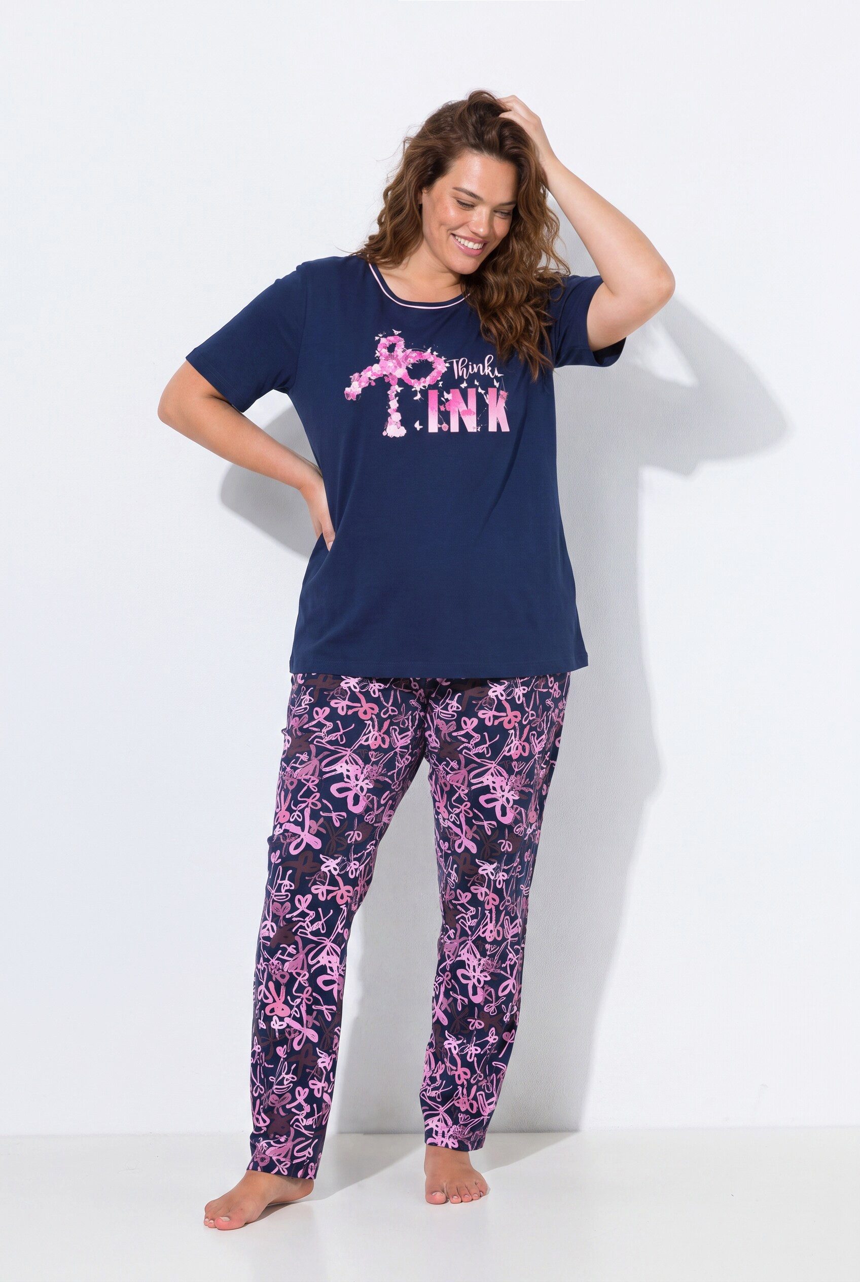 Ulla Popken Pyjama Pyjama Schleifen Rundhals Langarm