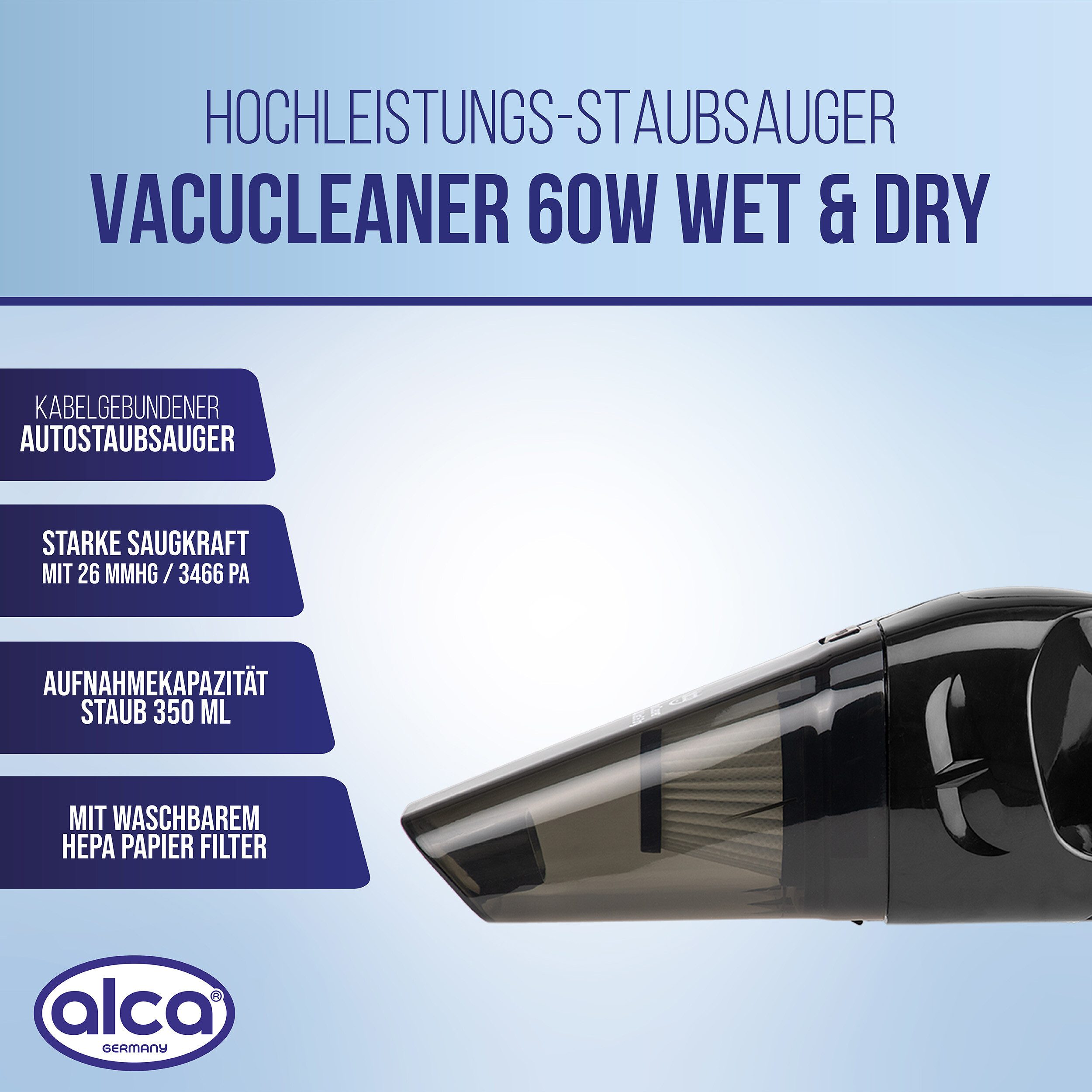 alca Handstaubsauger Autostaubsauger 12V NASS/TROCKEN Handstaubsauger waschbarer Filter, 60 W, Beutellos mit Filter