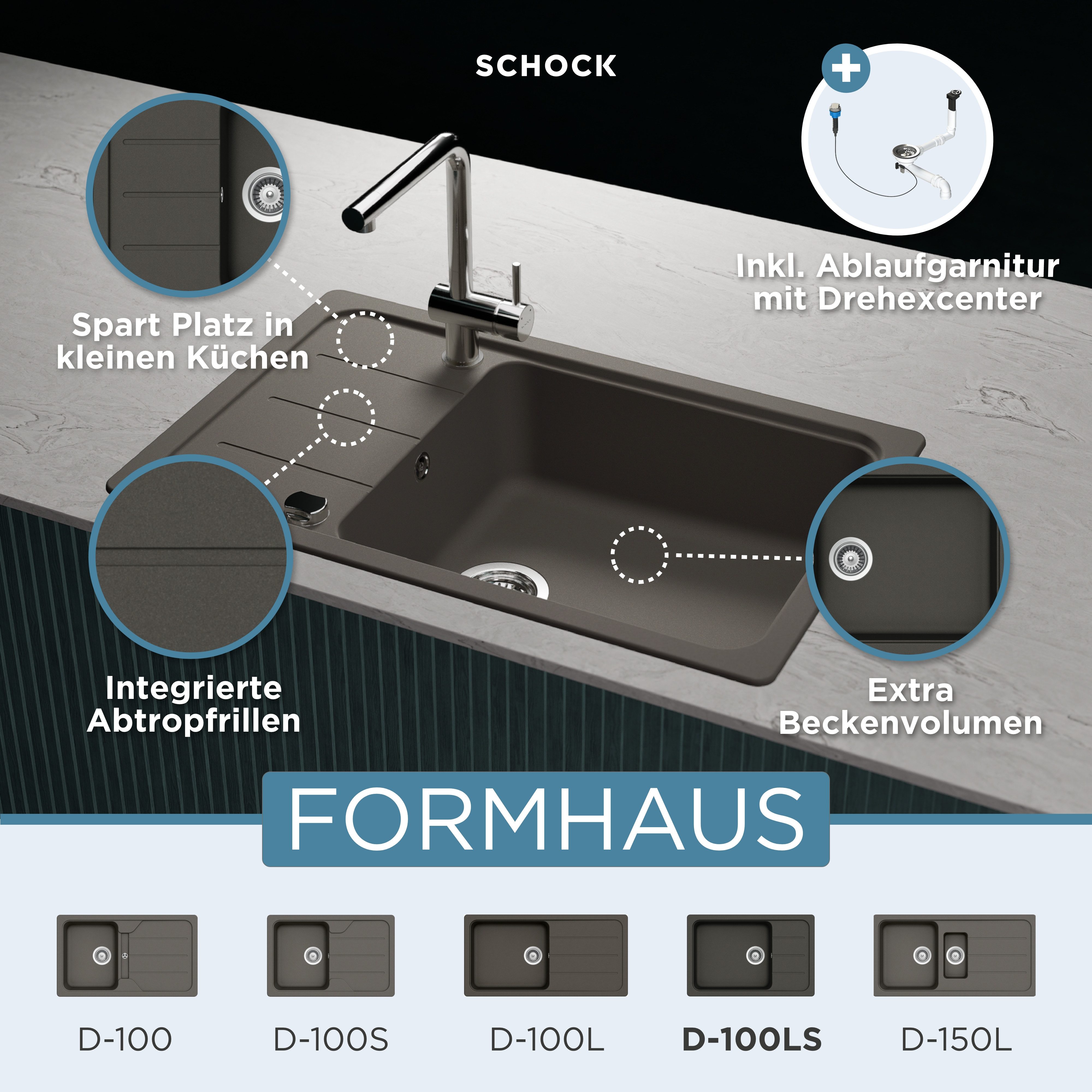 Schock Granitspüle Formhaus D-100LS, eckig, 78/50 cm, für kleine Küchen