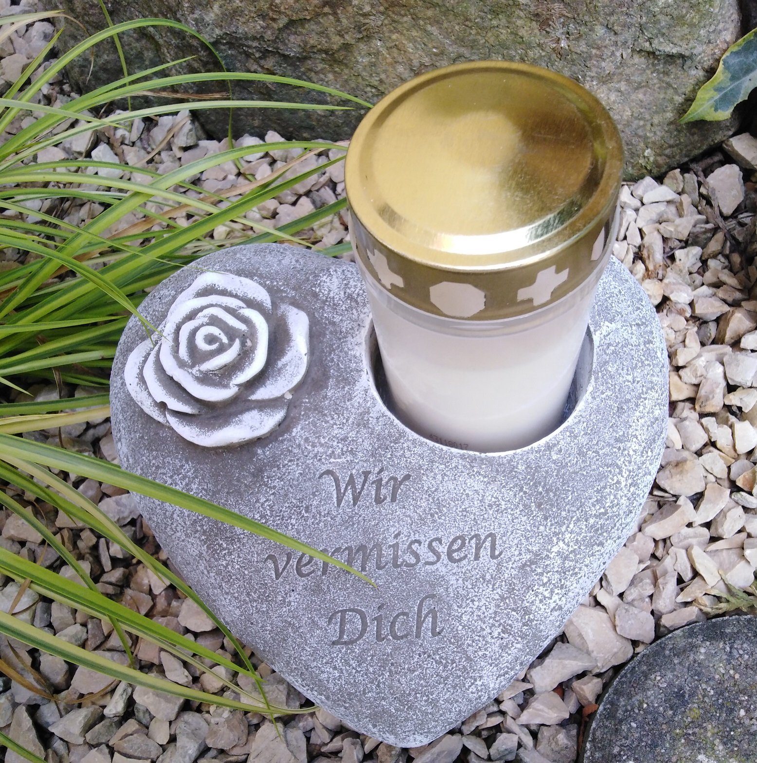 vermissen Gartenfigur Dich Wir Grabherz Radami Spruch Rose Grablicht