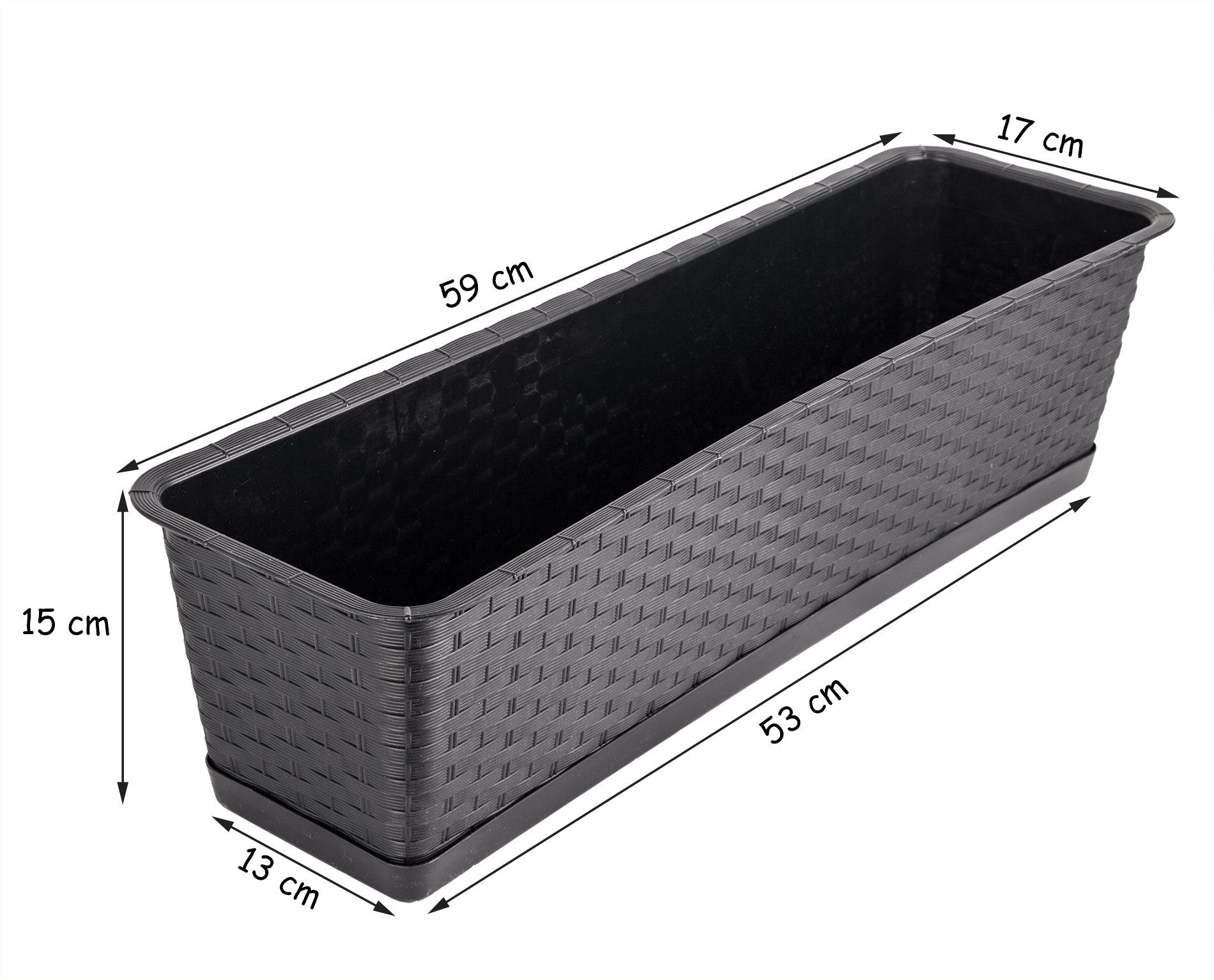 BigDean Blumenkasten 3er Set Pflanzkasten mit Untersetzer 60 cm lang Rattan-Optik anthrazit (Set, 3 St., Balkonpflanzkasten), Balkonpflanzkasten, Rattan-Optik,  – Bild 5 von 5