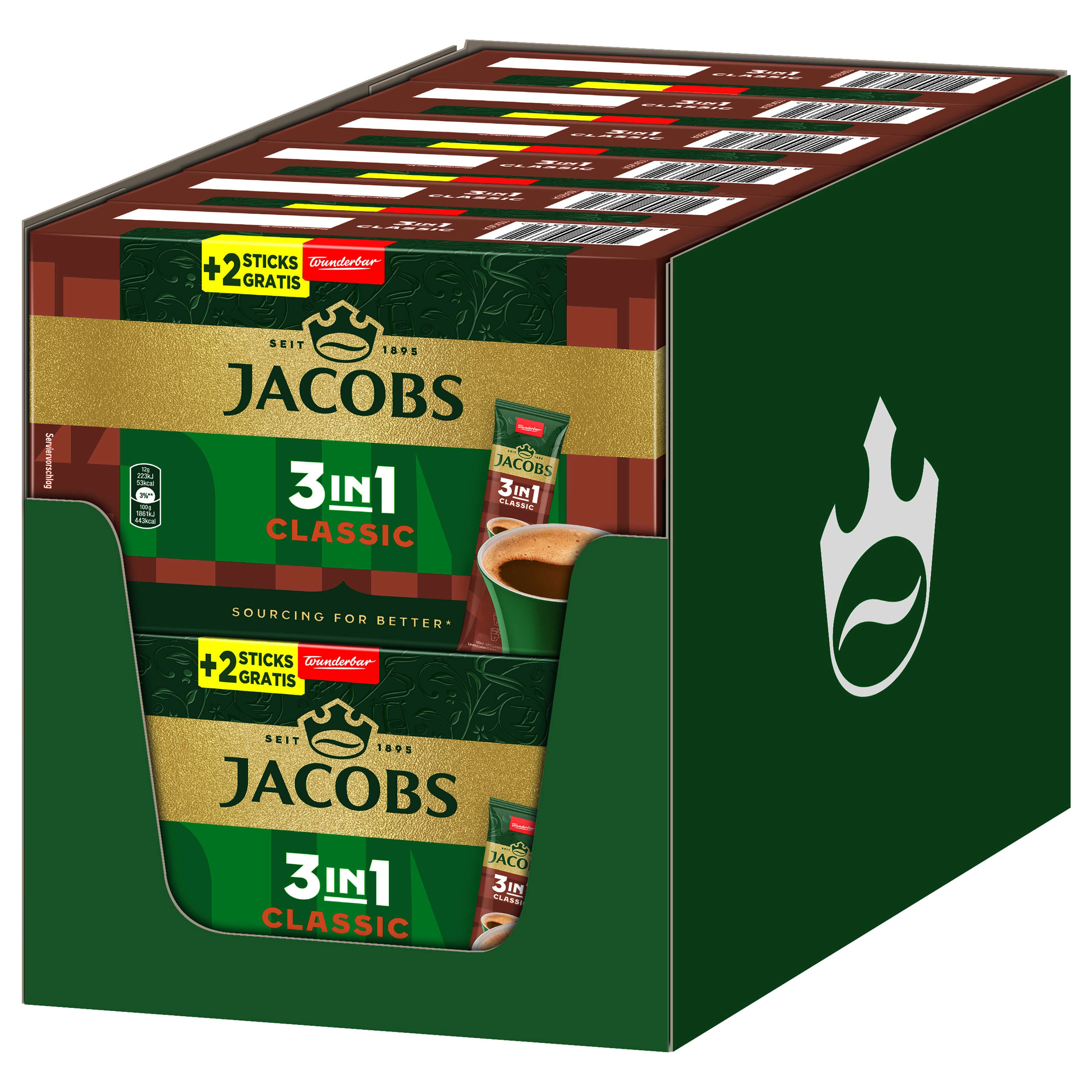 JACOBS Kaffee Löskaffee 3in1 Classic löslicher Kaffee Instantkaffee 12x 10+2 Sticks, 1728 g, (Packung, 12er Pack)