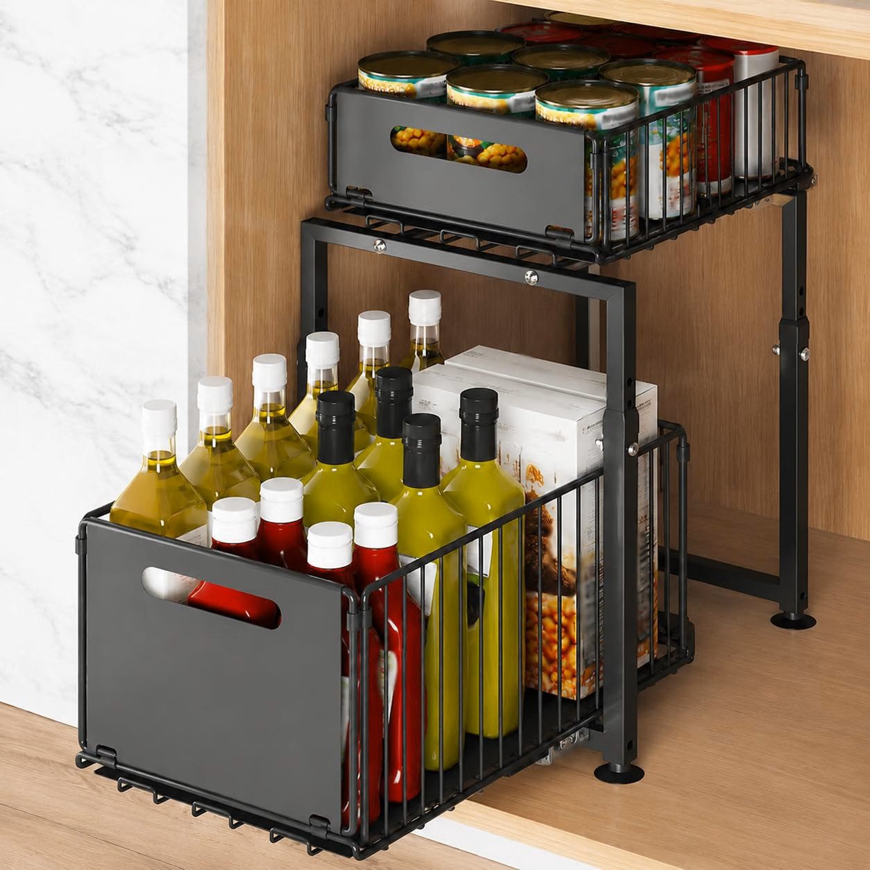 AIMAX Regalelement Ablageregal Waschbecken Regal, 2-Stufiger Küchenschrank Organizer, Aufbewahrungsregal, Schiebefunktion, Höhenverstellbar, Platzsparend