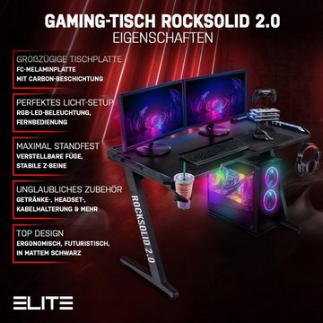 ELITE Gaming Gamingtisch Elite Gamer-Schreibtisch Rocksolid, RGB-LED (Jugendschreibtisch inkl. Getränke-, Headset- und Controller-Spiele-Halterung, 2-St., Schreibtisch, verstellbare Standfüße, Kabelkanal, ergonomisches Design), Gamingtisch inkl. Fernbedienung & Handyhalterung - 200 kg belastbar