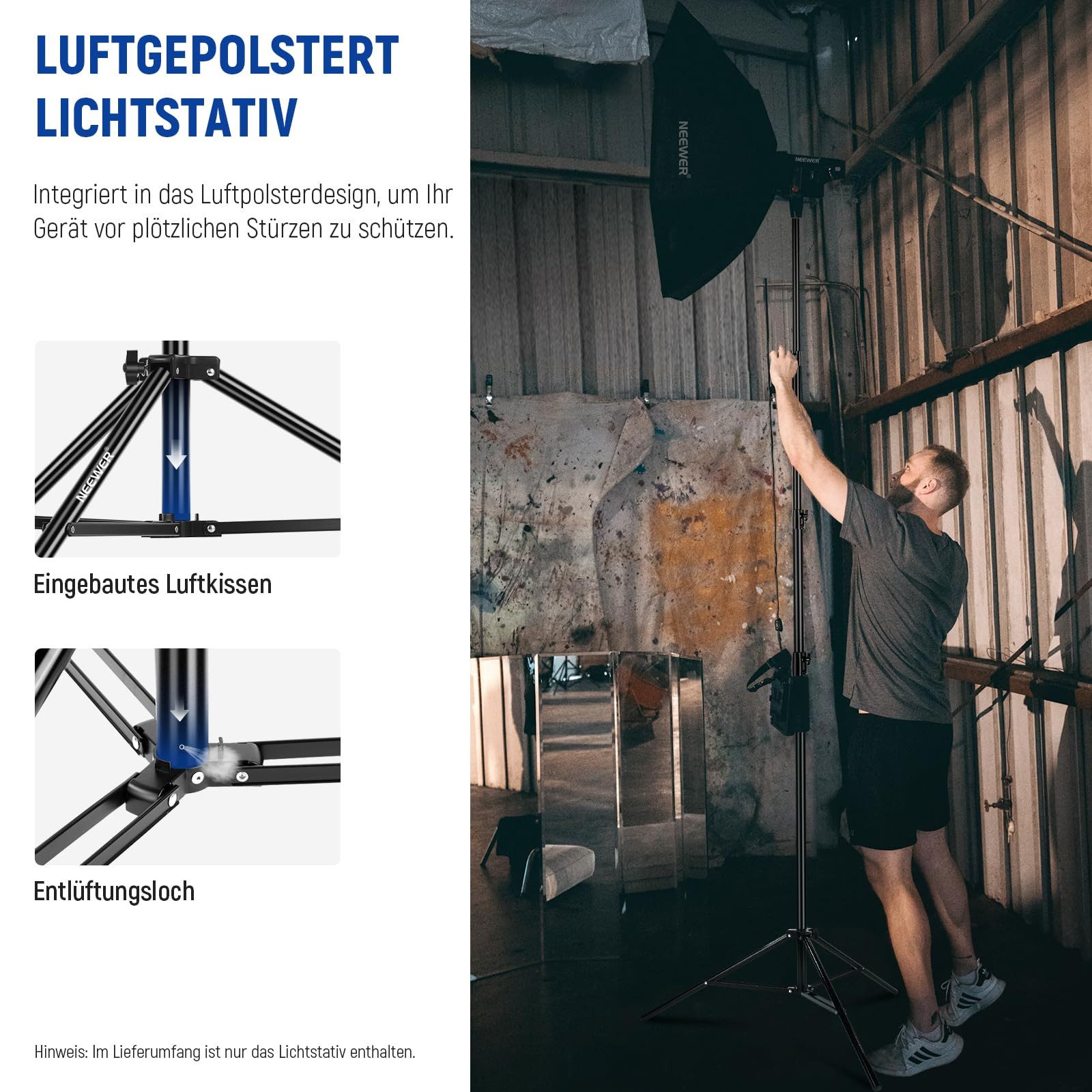 Neewer ST-400AC 4m Lichtstativ, Luftgepolstertes Heavy Duty Metallstativ Lampenstativ (Höhenverstellbar 137–400cm, Tragfähigkeit: 3kg, für Fotografie Lampen)