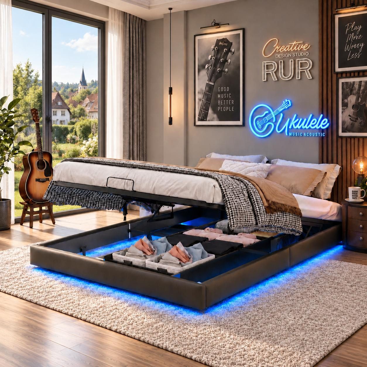 Simurq Polsterbett Schwebebett 160x200cm Schwarz, LED und integriertem USB (USB-Ladeanschluss), Schwebebett,LED,USB,Schwarz,Lattenrost