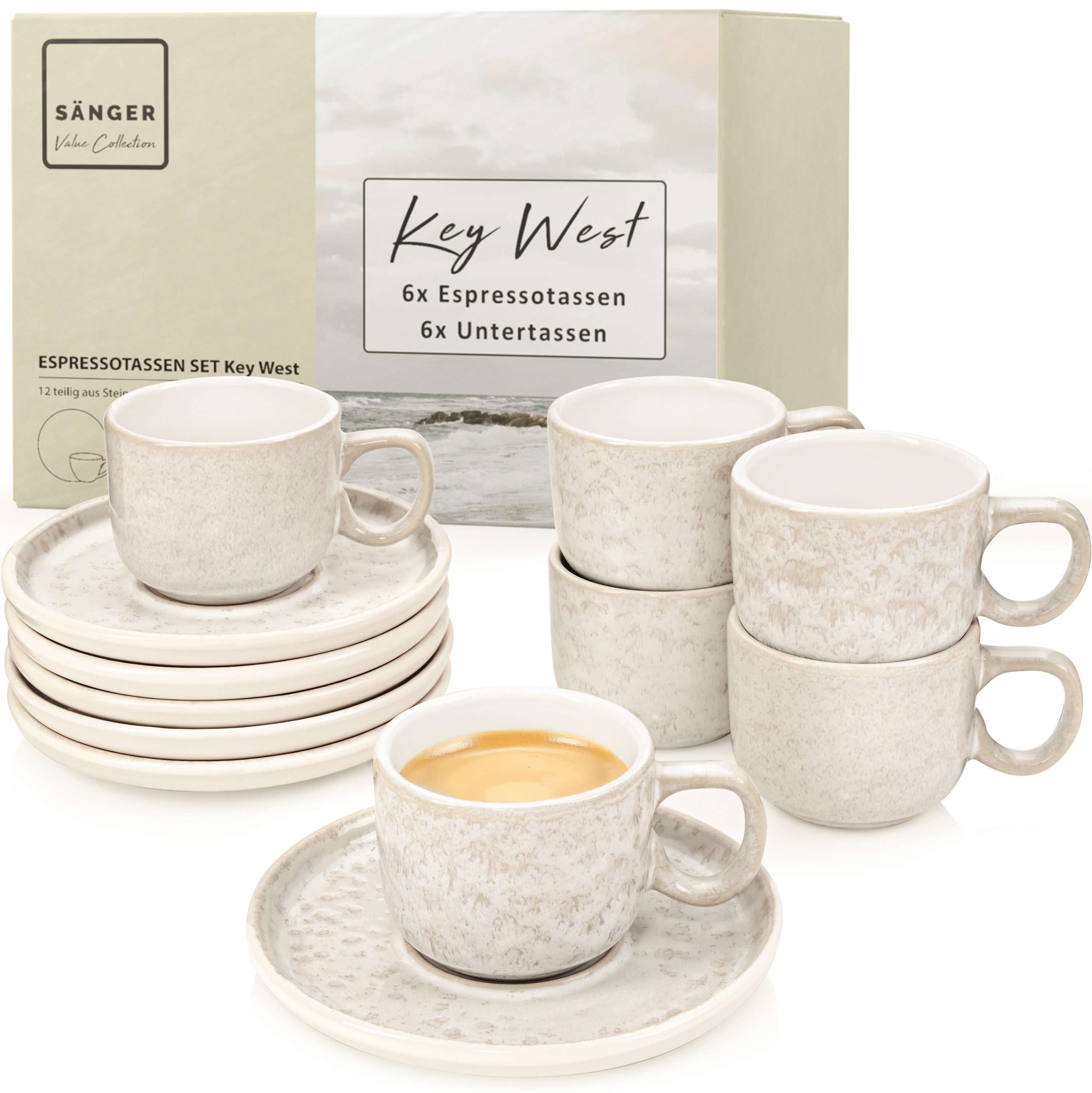 SÄNGER Espressotasse Set Key West, 12-tlg., Steingut, Creme mit Maserung, 12 tlg. Kaffeetassen Set, VALUE COLLECTION