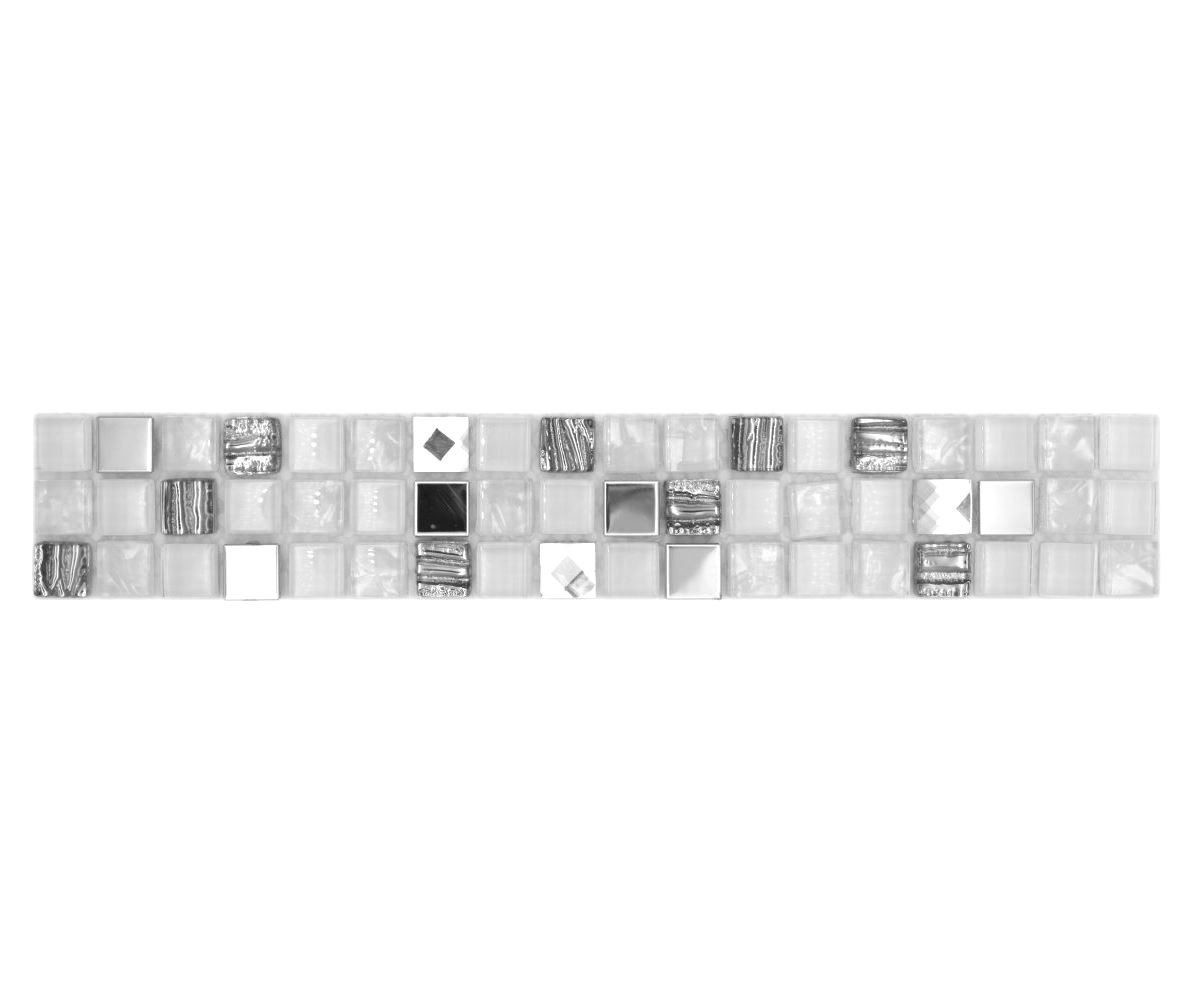 Mosani Fliesen-Bordüre Mosaik Borde Bordüre Glasmosaik Stahl mix weiß und Metalleinlage