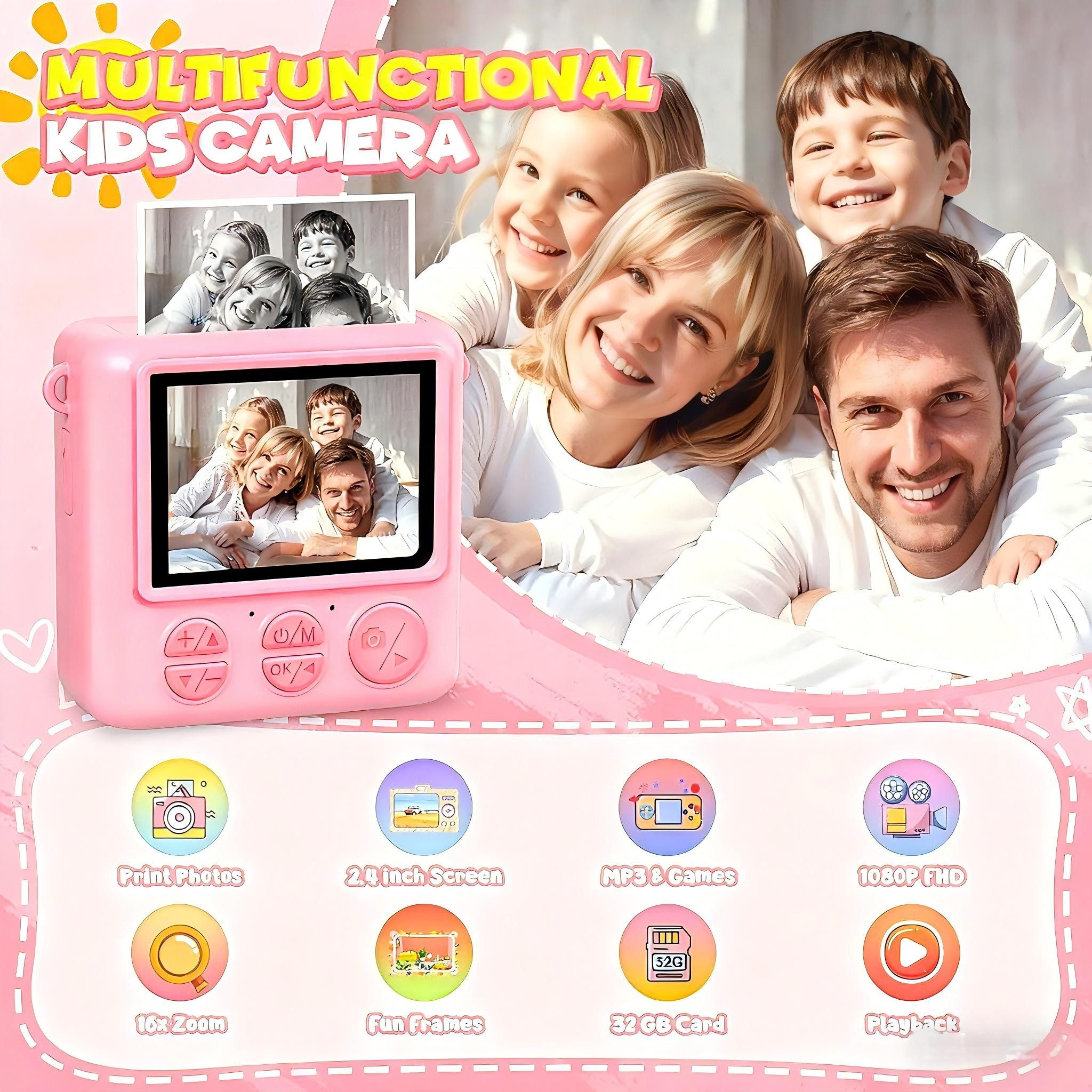 Ophy Sofortbildkamera für Kinder (rosa) – 1080P, 2,4 Zoll Bildschirm Kinderkamera (inkl. 32GB Karte & Druckpapier, ideales Geschenk für Jungen & Mädchen (3–12 Jahre)