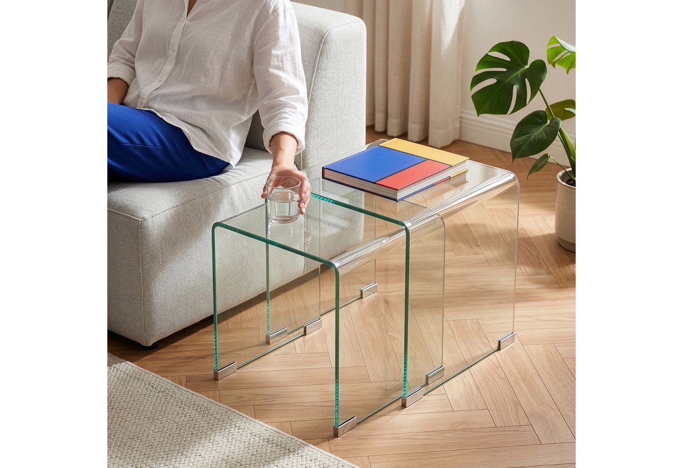 en.casa Satztisch, »Kariengem« 2-tlg. Couchtisch-Set Glastischen Transparent