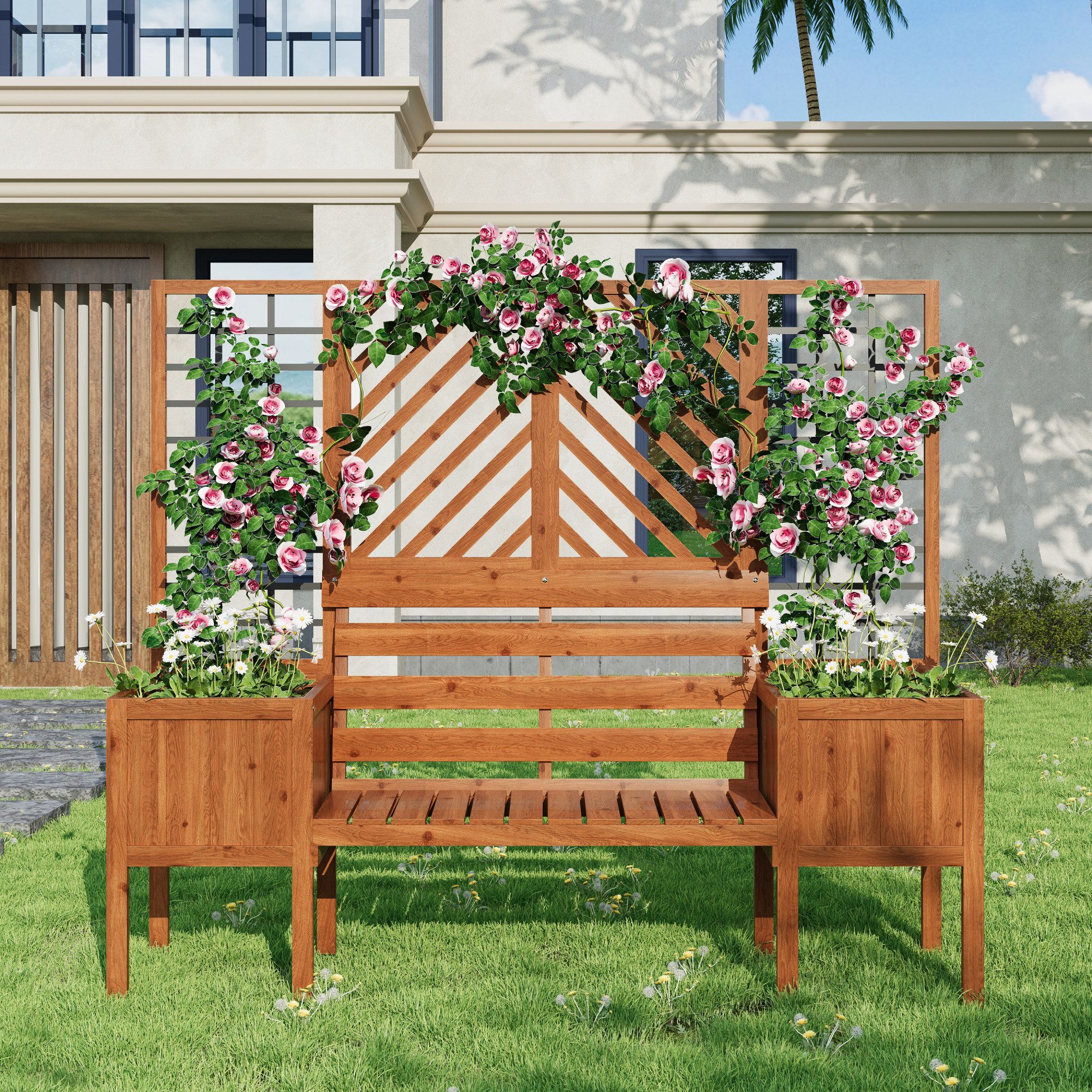 Celya Blumenständer Pflanzgefäße für den außenbereich holz außen mit Spalier und Sitz (Blumenkübel mit viel Platz, Blumenkasten Pflanzenkasten, Rot-Braun Massivholz Tanne), Pflanzgefäß mit Spalier als Rankhilfe