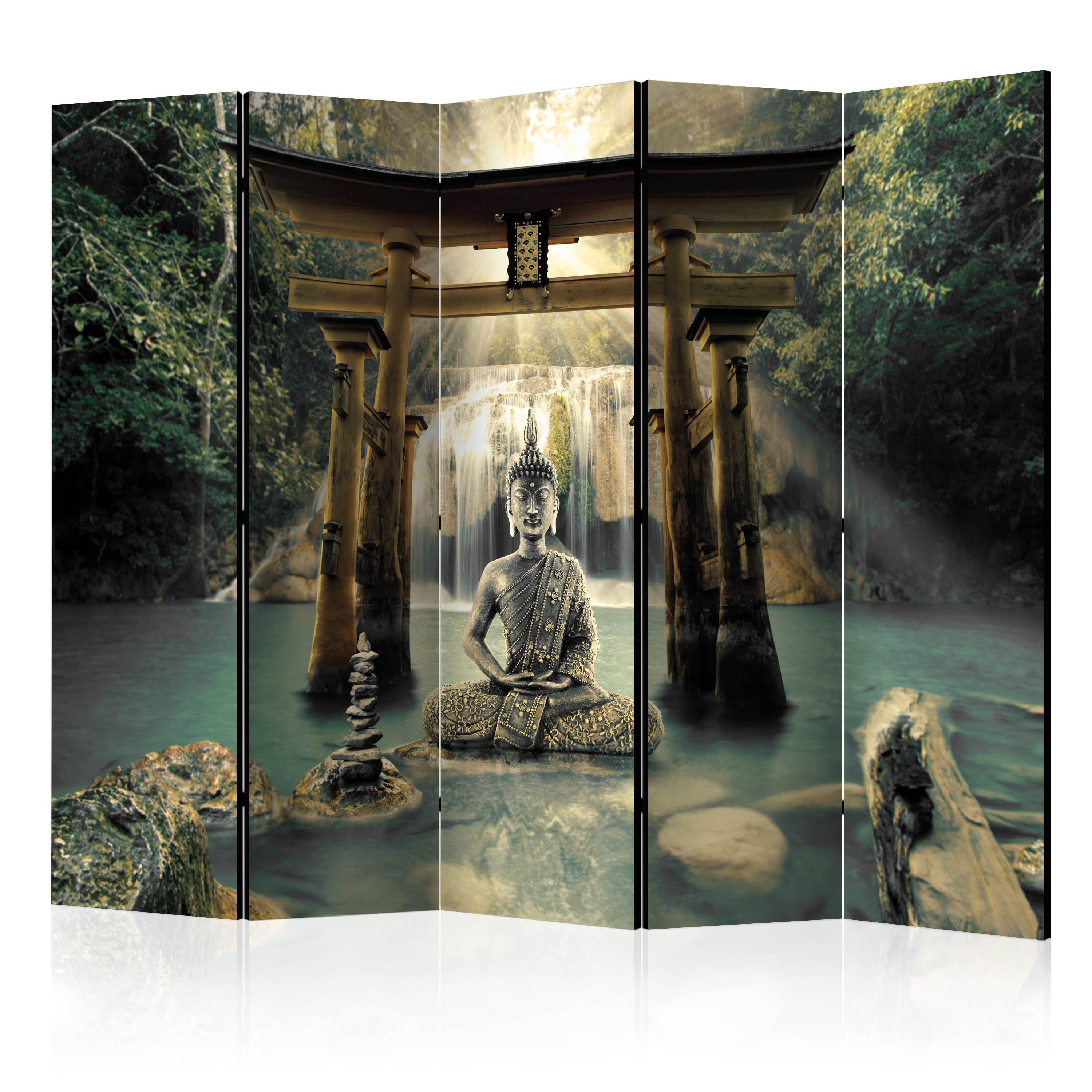 Muralo Paravent 5-teilig Raumteiler klappbar Buddha Wasserfall Natur (Packung, 1 St., 225x172 cm), 3 Varianten, Für das Wohnzimmer, das Schlafzimmer