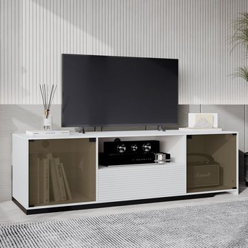 REDOM TV-Schrank TV-Ständer mit LED-Beleuchtung und Schiebedesign (für einen 60-Zoll-Fernseher, marmorgeäderter Tischplatte und elegantem Glasdesign) Mit 2 Türen, 1 Schublade und 1 offenem Fach