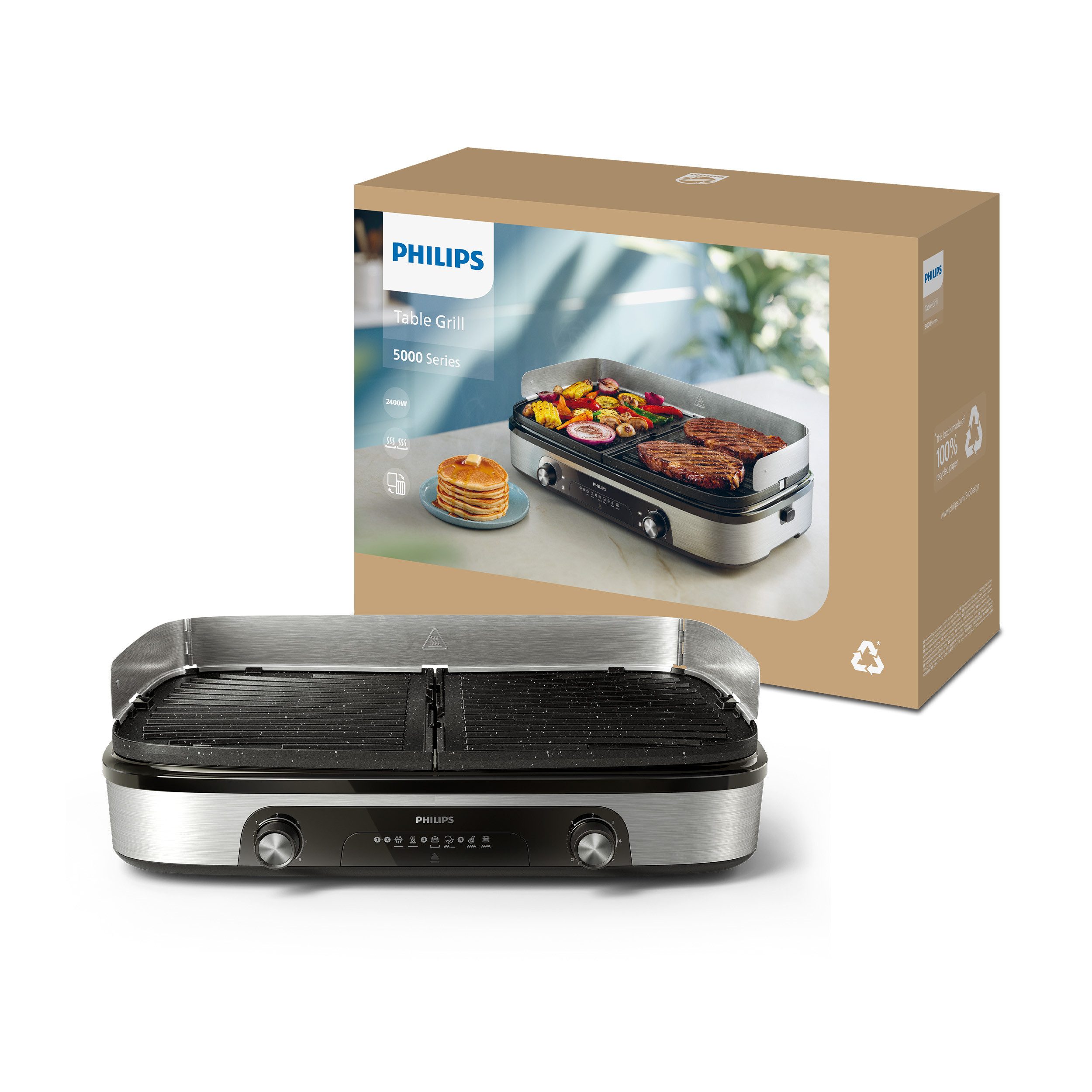 Philips Tischgrill HD6222/90 5000 Series, 2 Heizzonen, wendbare Platten, 2400 W, mit einstellbarer Temperatur u. Grillfläche von 1400 cm²