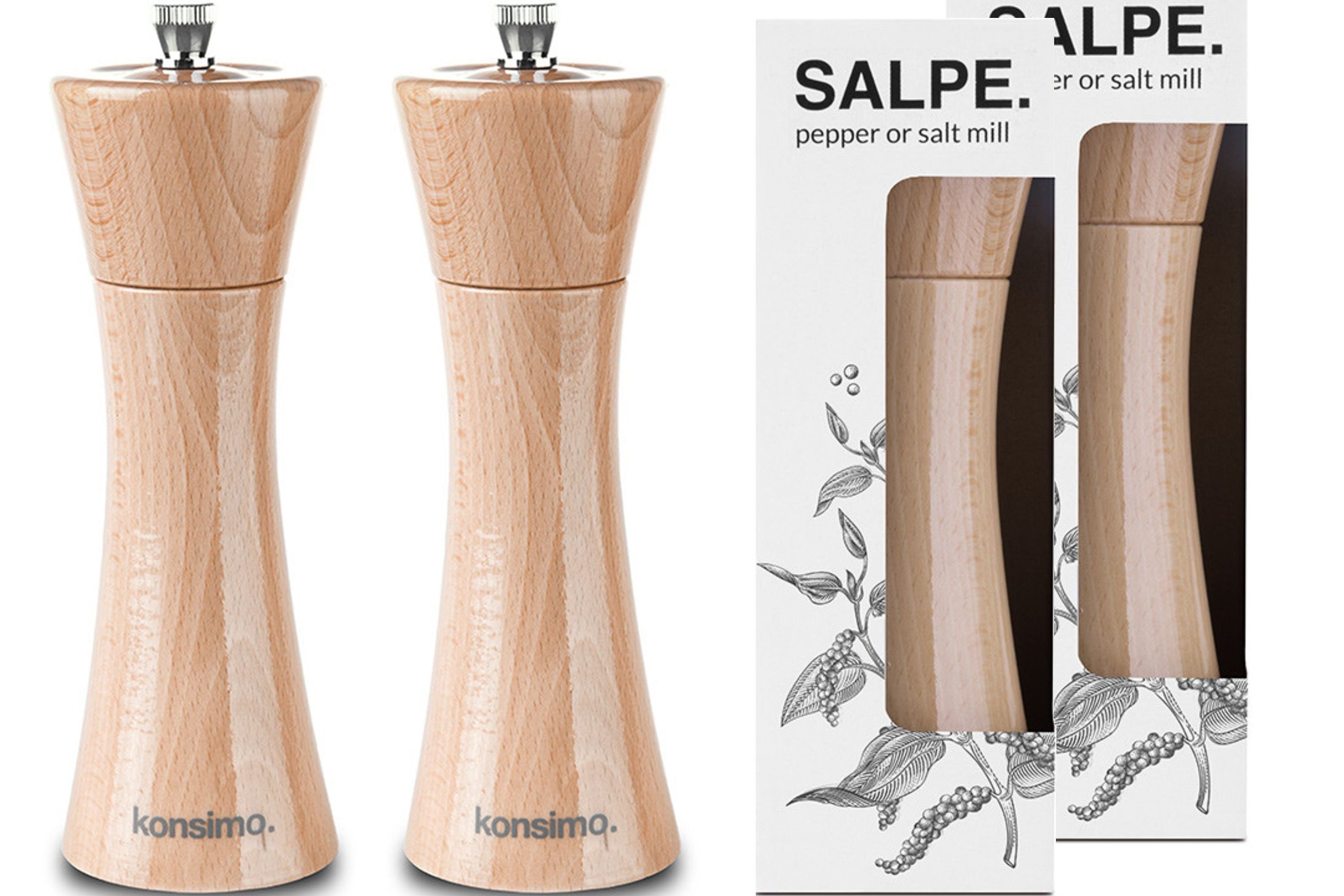 Konsimo Salz-/Pfeffermühle SALPE Gewürzmühlen Salzmühlen Pfeffermühlen 18 cm manuell, (2 Stück), Keramischer Mechanismus Buche