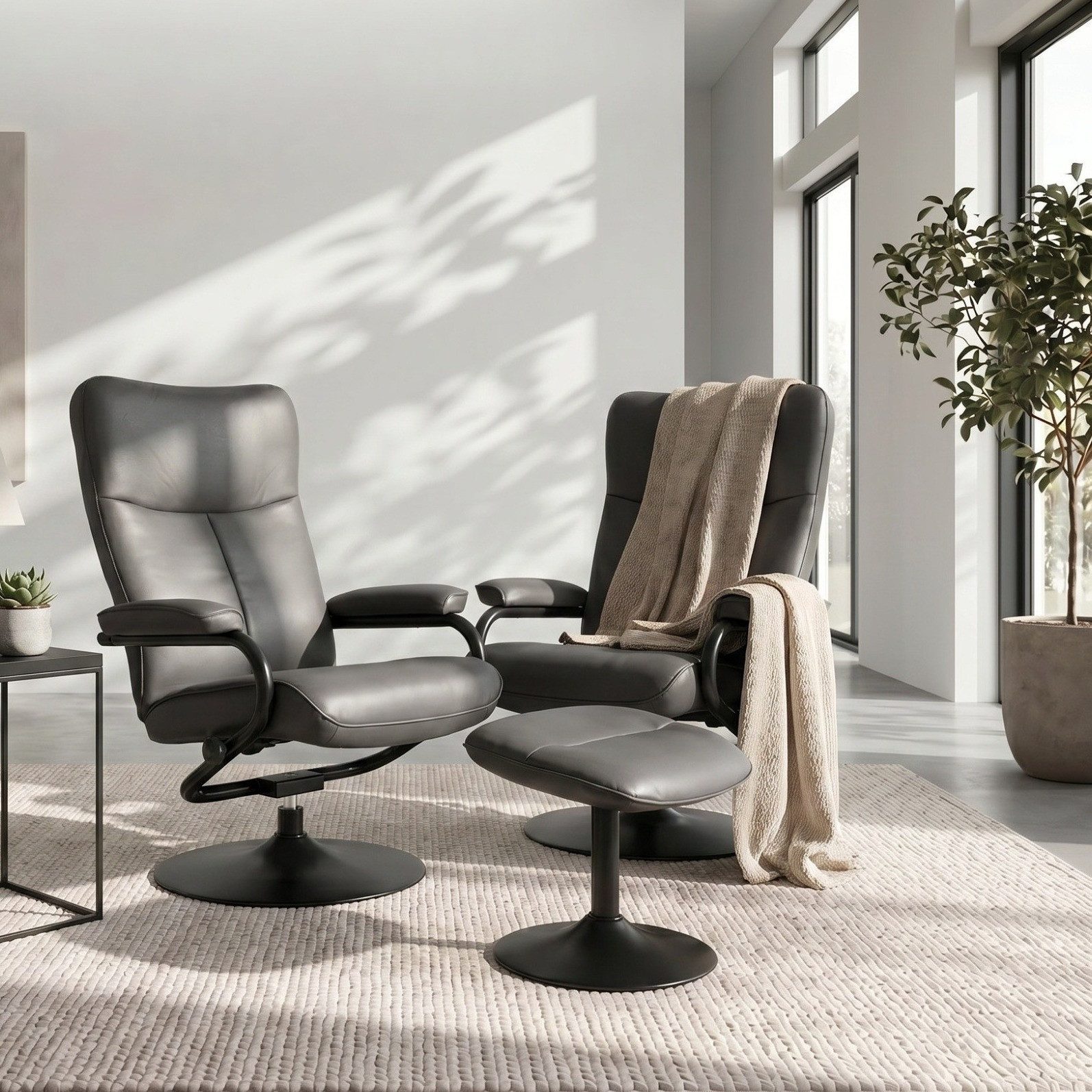 loft24 Relaxsessel Gade - Sessel Lesesessel Wohnzimmersessel mit Hocker Polstersessel (2-St., Relaxsessel mit Hocker), mit Hocker, verstellbare Rückenlehne, Lederoptik, Metallgestell